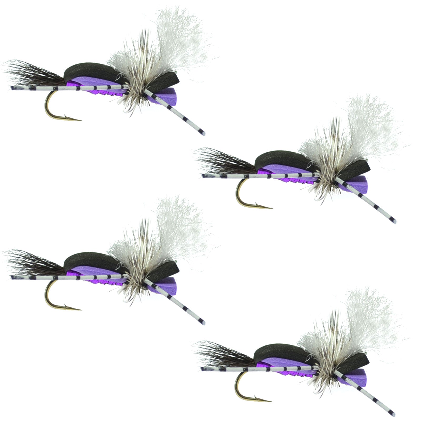 Hippie Stomper Black Purple Foam Body Grasshopper Dry Fly - 4 Flies Size 10