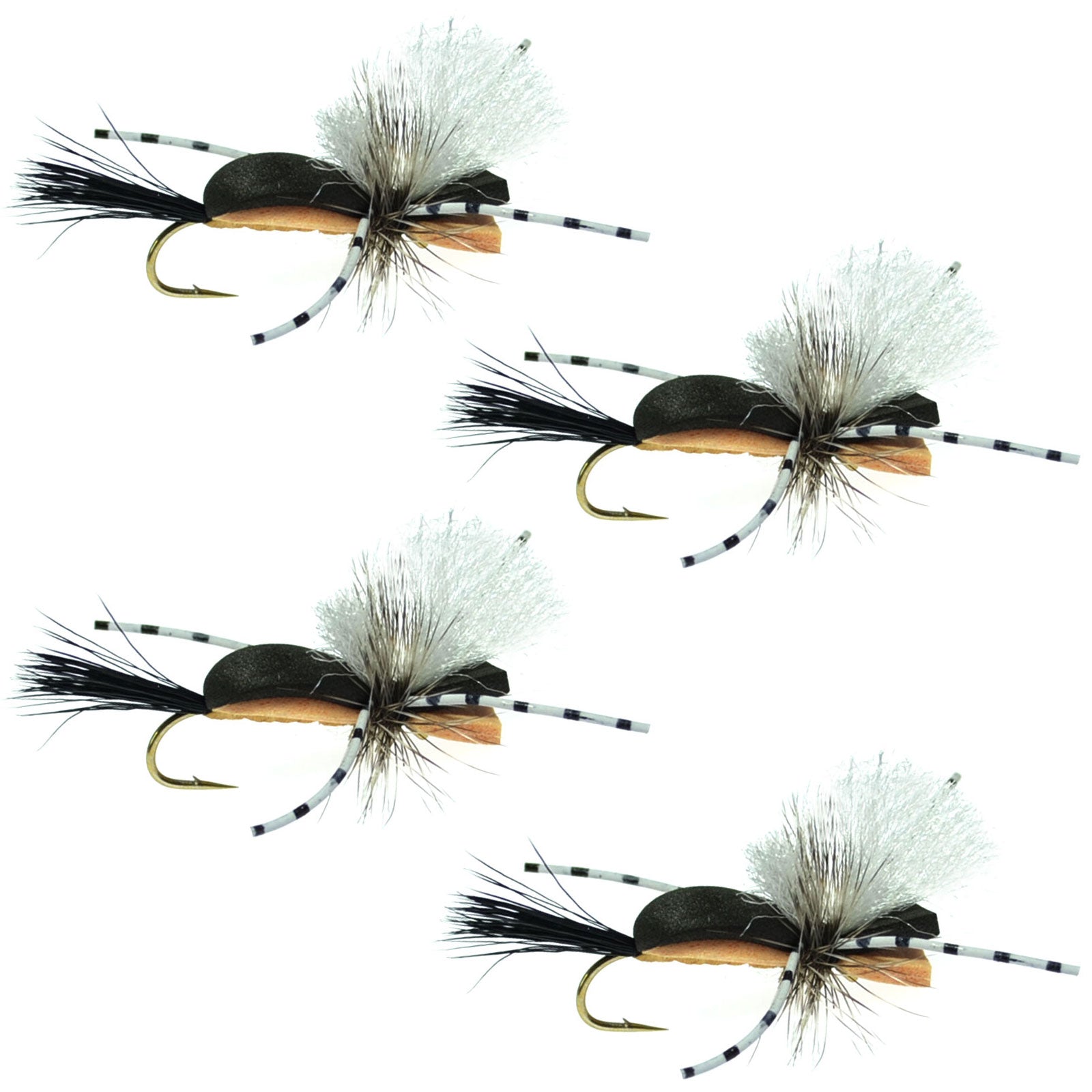 Hippie Stomper Black Tan Foam Body Grasshopper Dry Fly - 4 Flies Size 14