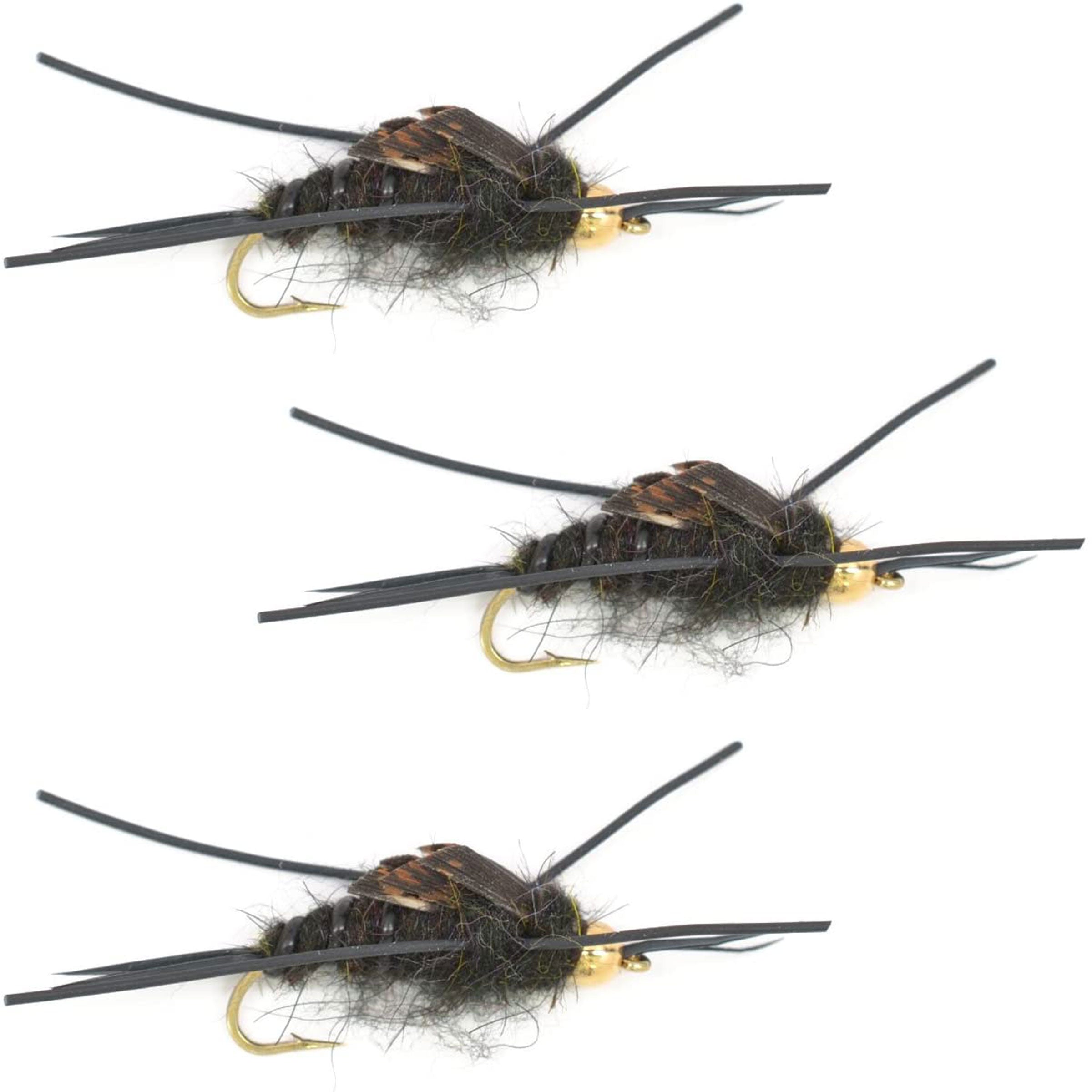 Paquete de 3 moscas de piedra negra de Kaufmann con cuentas doradas y patas de goma, mosca húmeda Stonefly, tamaño de anzuelo 12