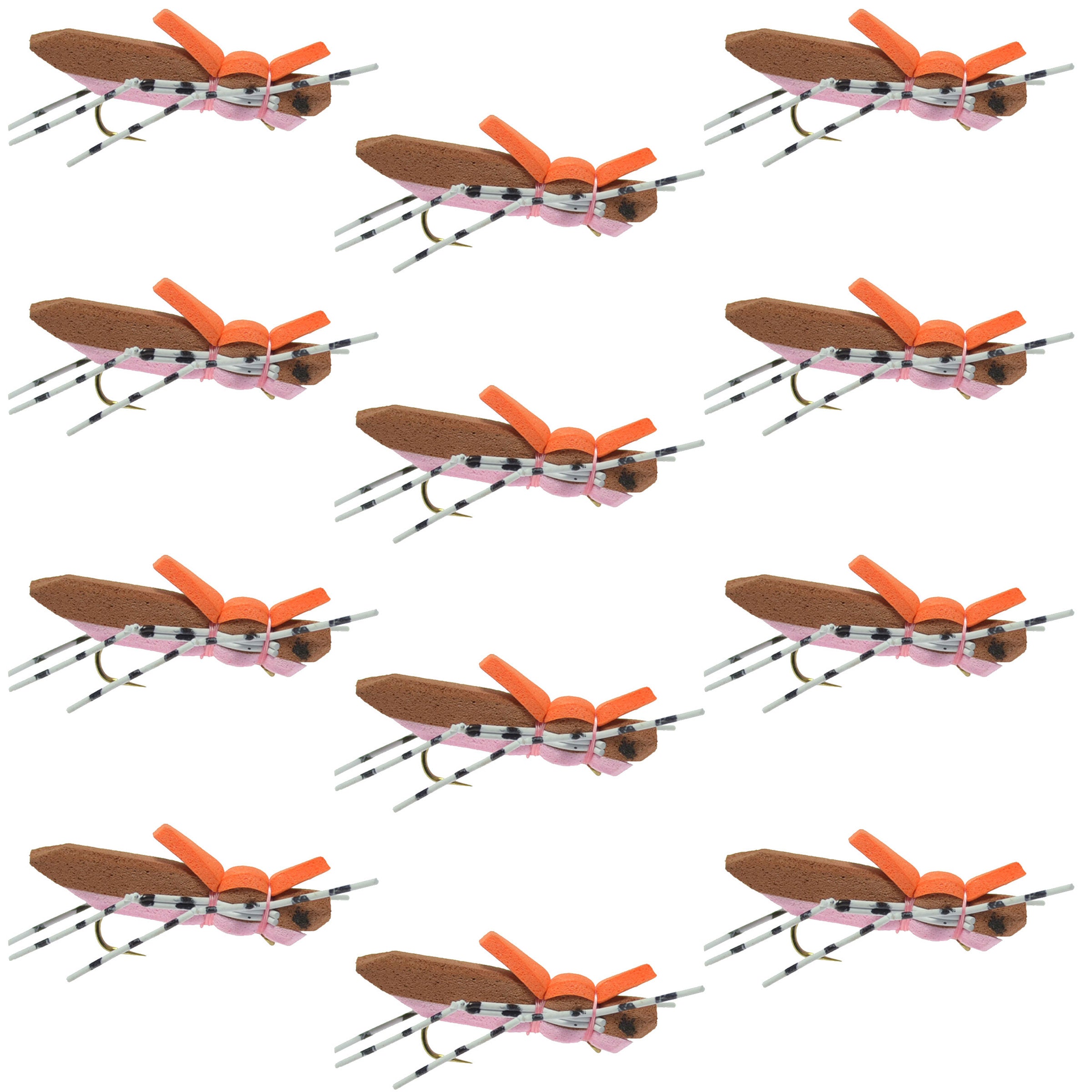 Moorish Hopper - Mosca de saltamontes con cuerpo de espuma, color marrón y rosa, 1 docena de anzuelos para moscas, tamaño 10