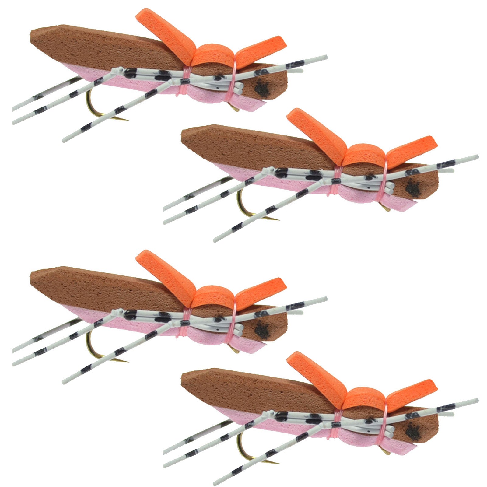 Paquete de 4 moscas de saltamontes con cuerpo de espuma marrón y rosa, tamaño de anzuelo 10