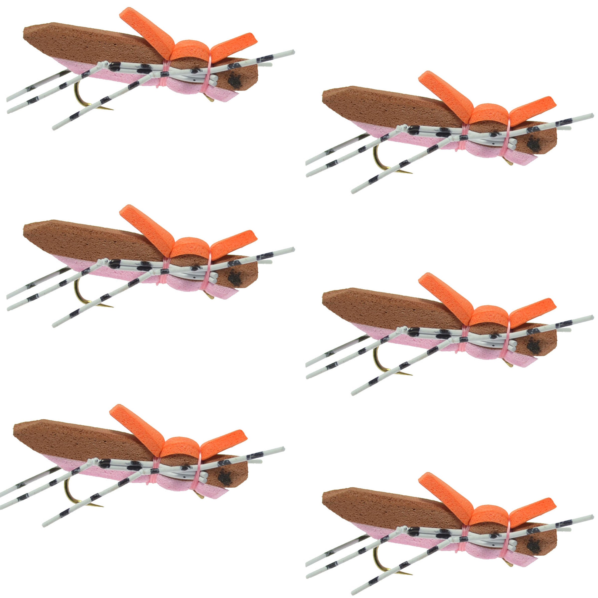 Moorish Hopper Brown Pink Foam Body Grasshopper Fly - 6 Flies Hook Size 10