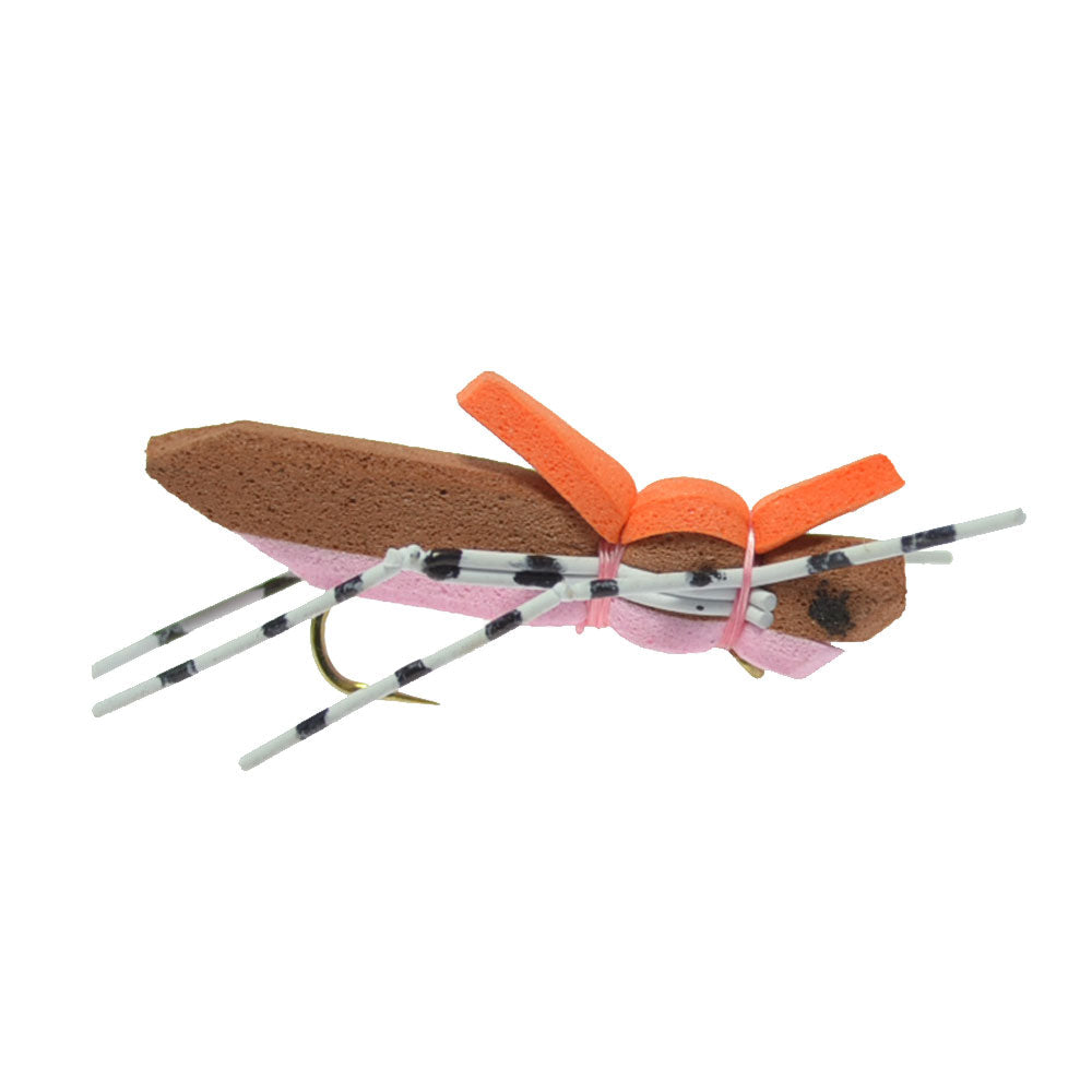 Moorish Hopper - Mosca de saltamontes con cuerpo de espuma, color marrón y rosa, 6 moscas, tamaño de anzuelo 10