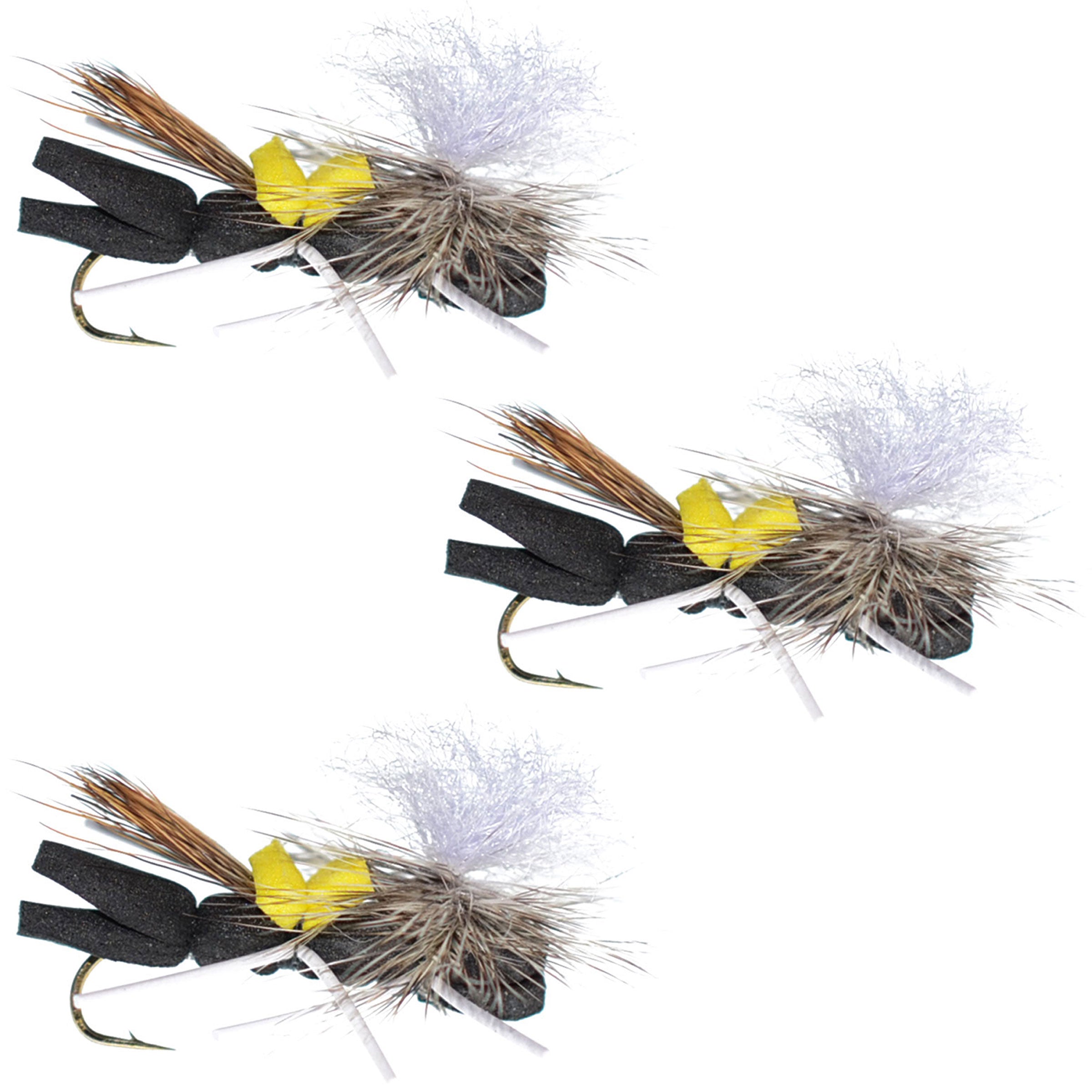 3 Pack Parachute Chernobyl Ant Black Yellow Top Foam Body Grasshopper Fly Hook Size 10