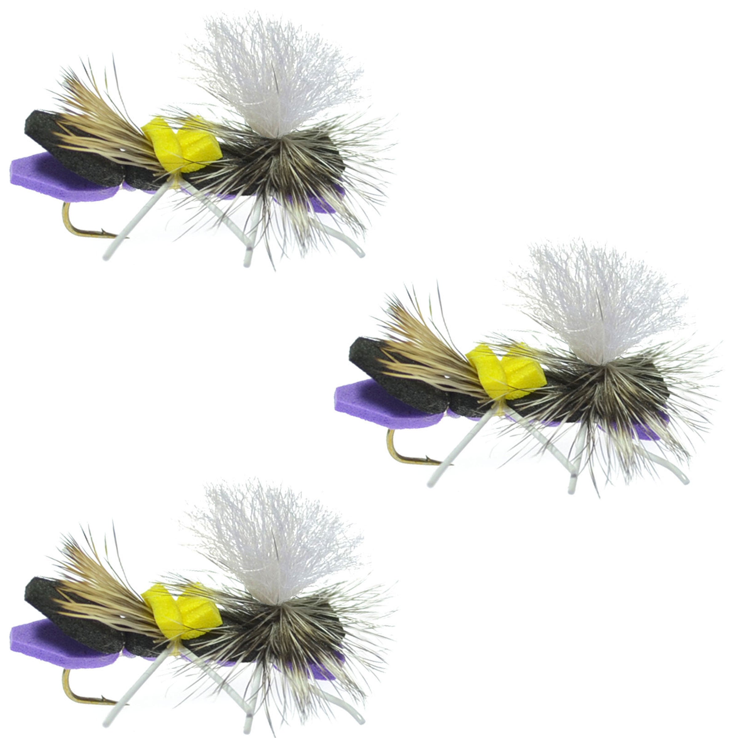 3 Pack Parachute Chernobyl Ant Purple Foam Body Grasshopper Fly - Hook Size 10