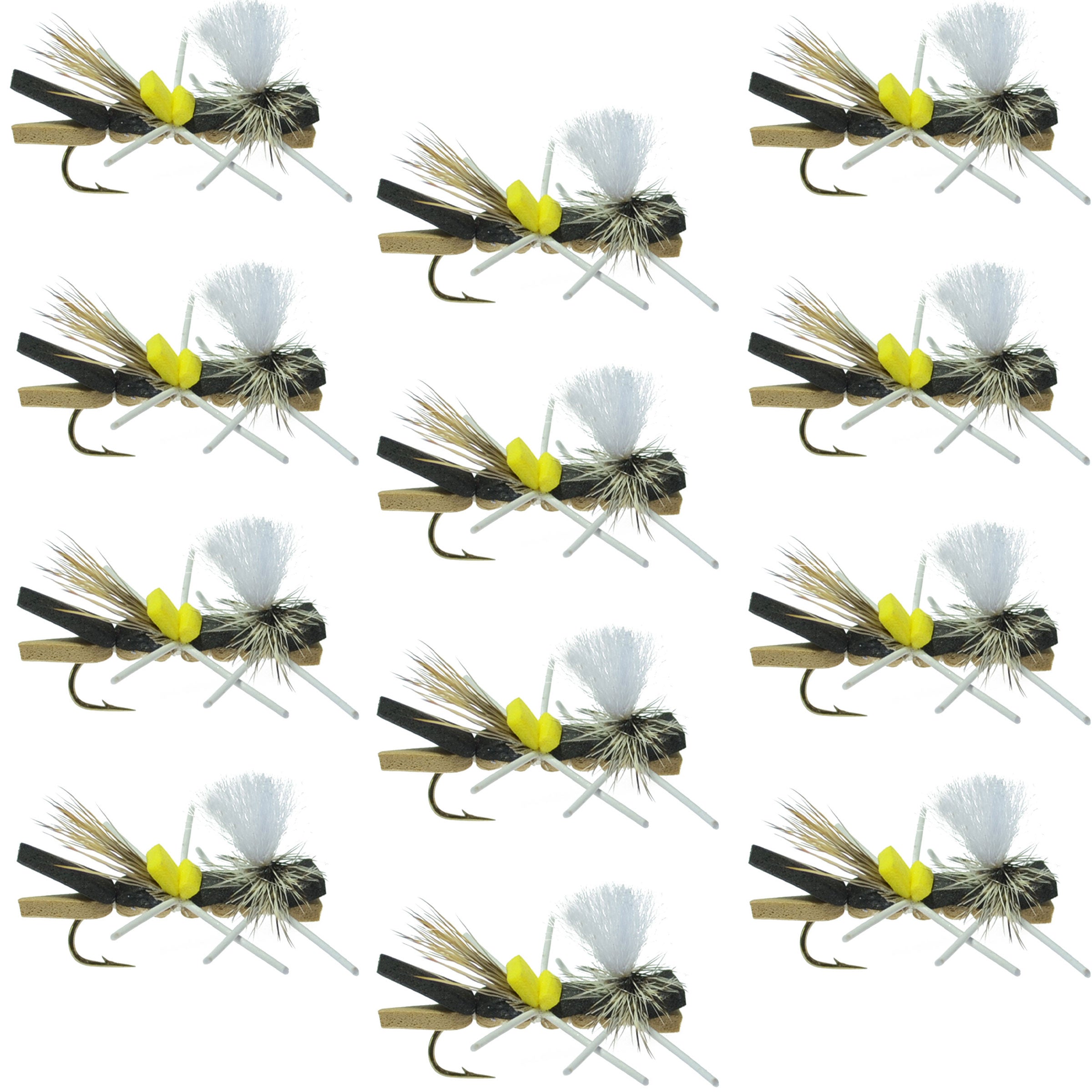 Parachute Chernobyl Ant Black Tan Foam Body Grasshopper Fly 1 Dozen Flies Hook Size 10