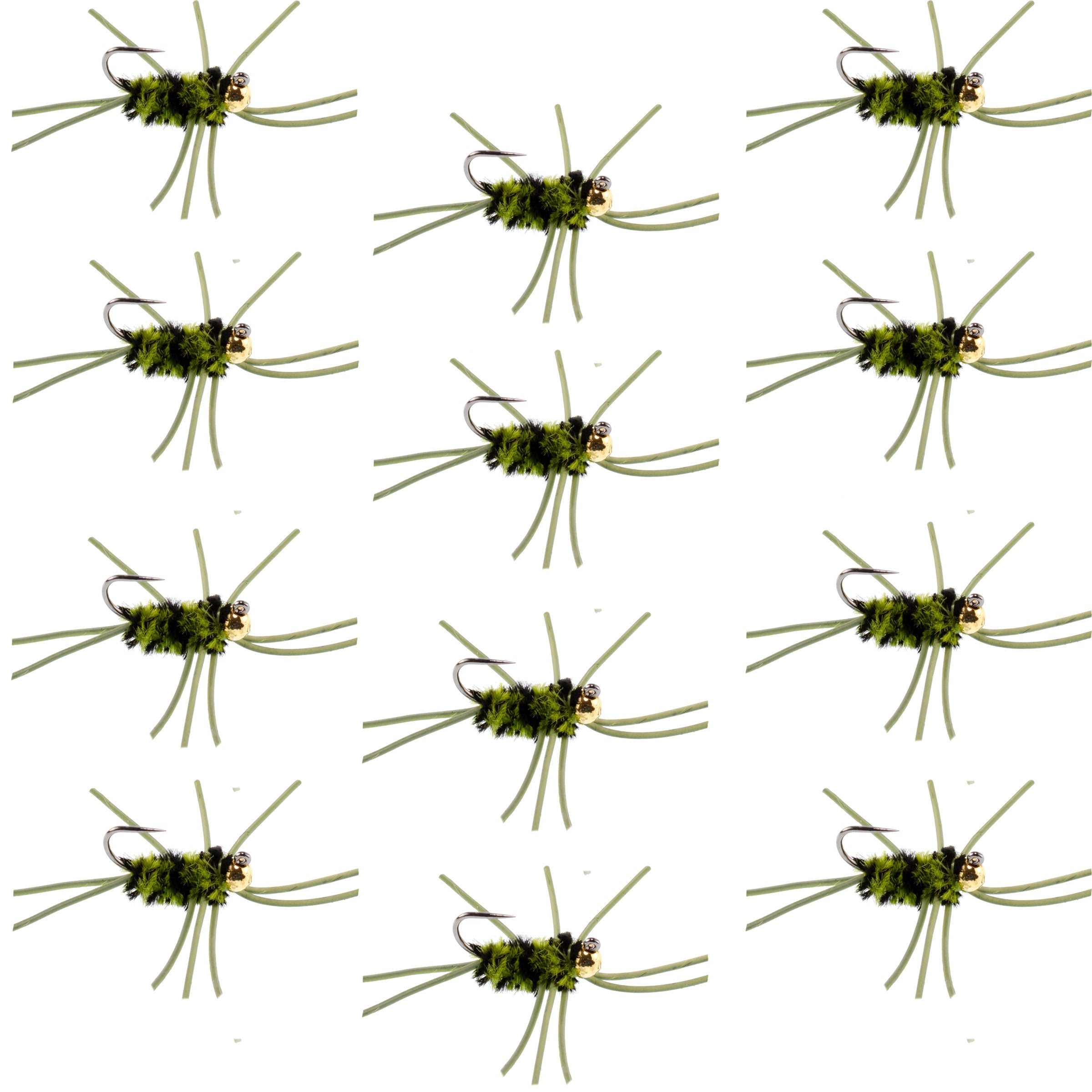 Barbless Pat's Rubber Legs Tungsten Bead Jigged Black/Olive Euro Nymph  - Set of 12 Flies Hook Size 10