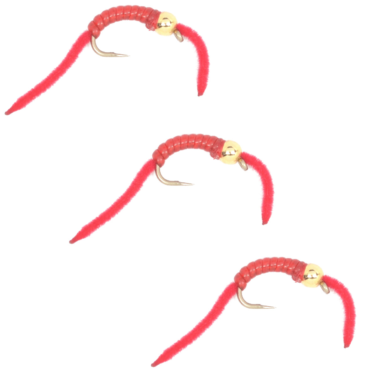 3 Pack San Juan Power Worm Gold Bead Head Red V-Rib - Hook Size 12