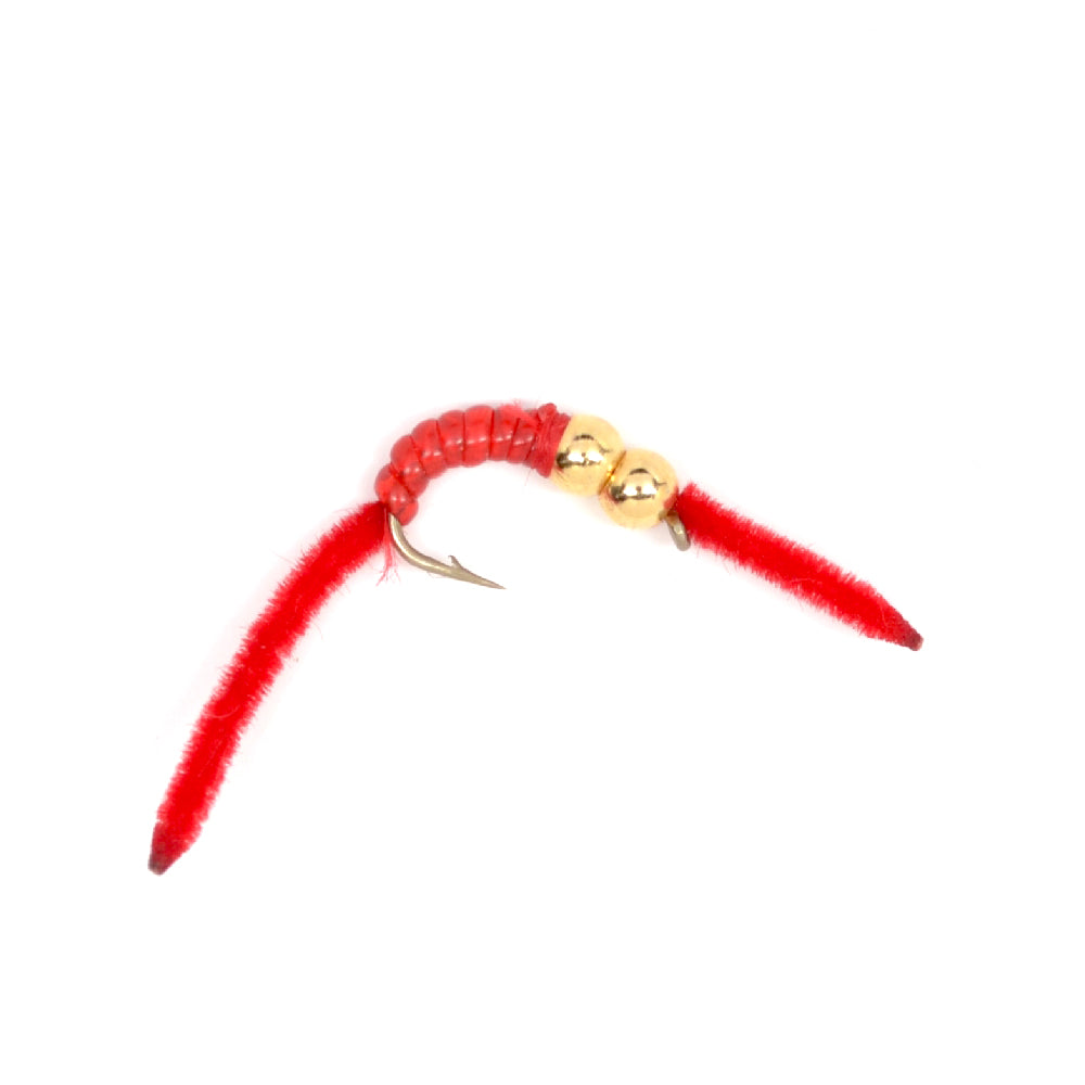 San Juan Double Bead Power Worm Red V-Rib - 1 Dozen Nymph Flies Hook Size 10