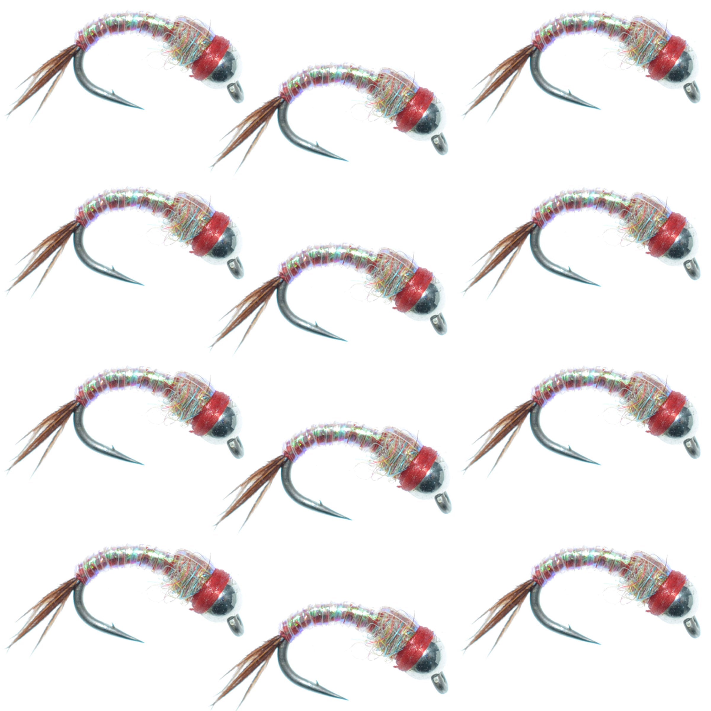 Bead Head Rainbow Warrior Nymph Moscas de pesca con mosca, una docena de ganchos, tamaño 16