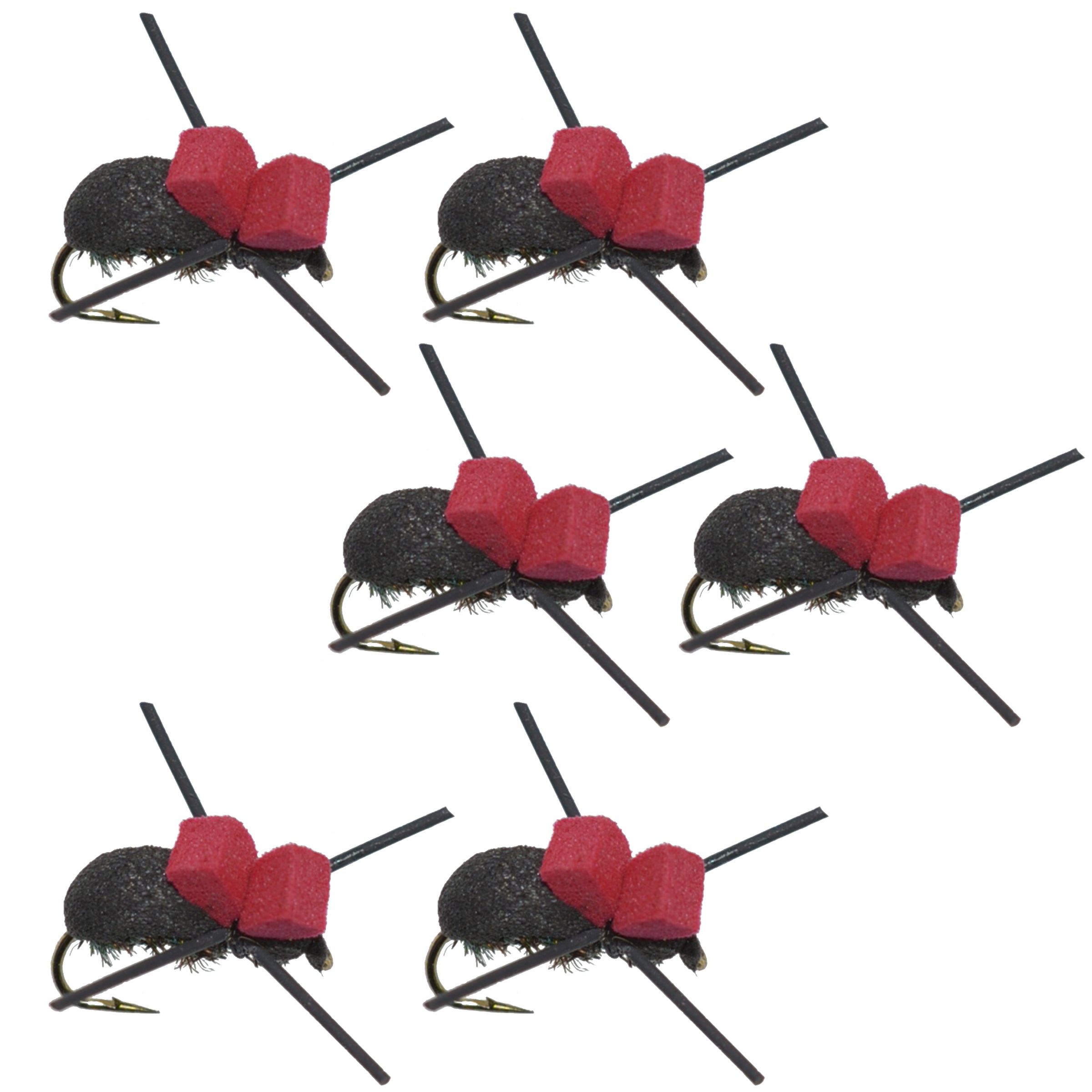 Moscas de pesca con mosca seca para trucha terrestre, escarabajo de espuma negra, parte superior roja, 6 moscas, tamaño 14