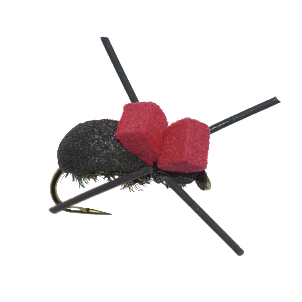 Paquete de 3 moscas de pesca con mosca seca para trucha terrestre, escarabajo de espuma negra con tapa roja sin púas, tamaño de anzuelo 14