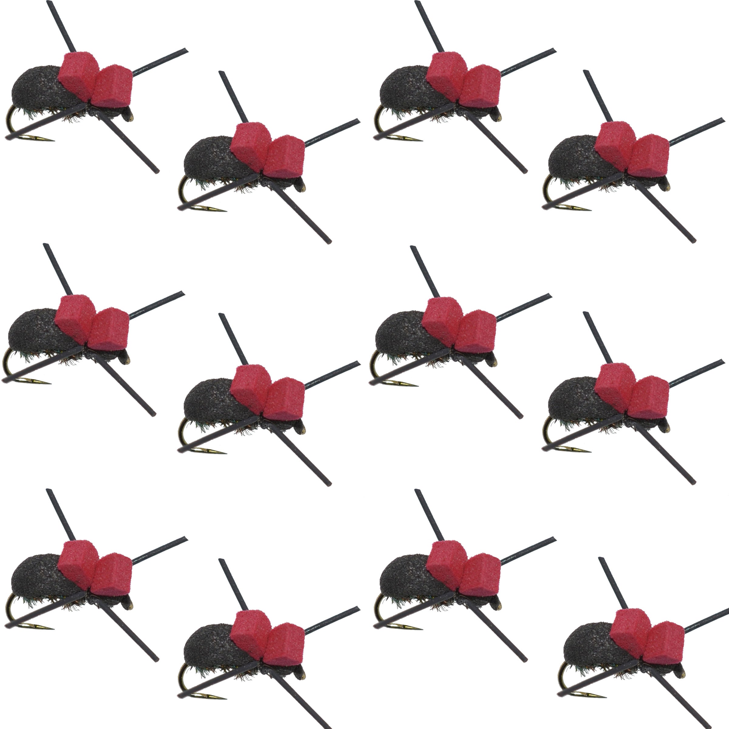Moscas de pesca con mosca seca para trucha terrestre, escarabajo de espuma negra, parte superior roja, 1 docena de moscas, tamaño 14