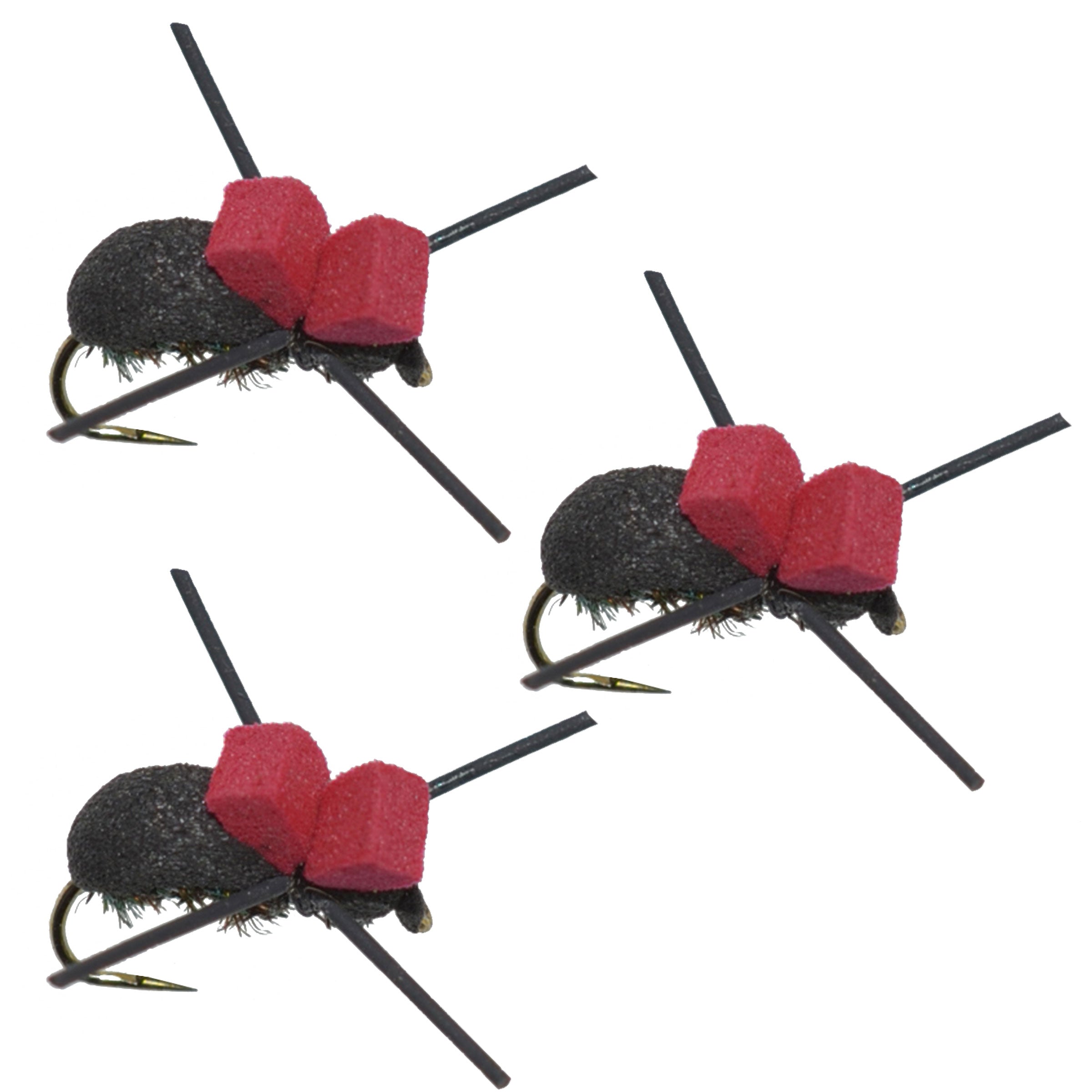 Paquete de 3 moscas de pesca con mosca seca para trucha terrestre, escarabajo de espuma negra con tapa roja sin púas, tamaño de anzuelo 14