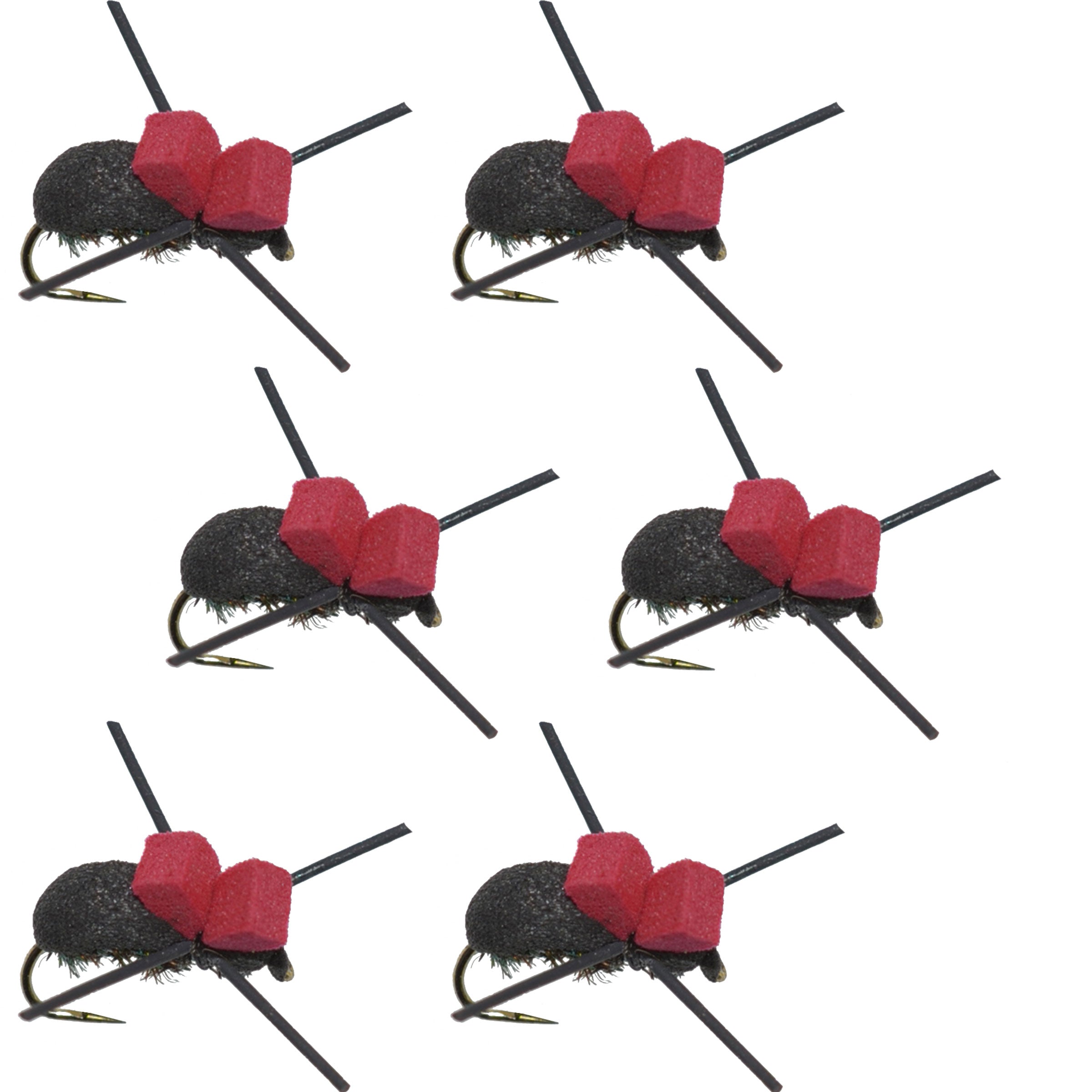 Moscas de pesca con mosca seca para trucha terrestre, escarabajo de espuma negra, sin rebaba, parte superior roja, 6 moscas, tamaño 14