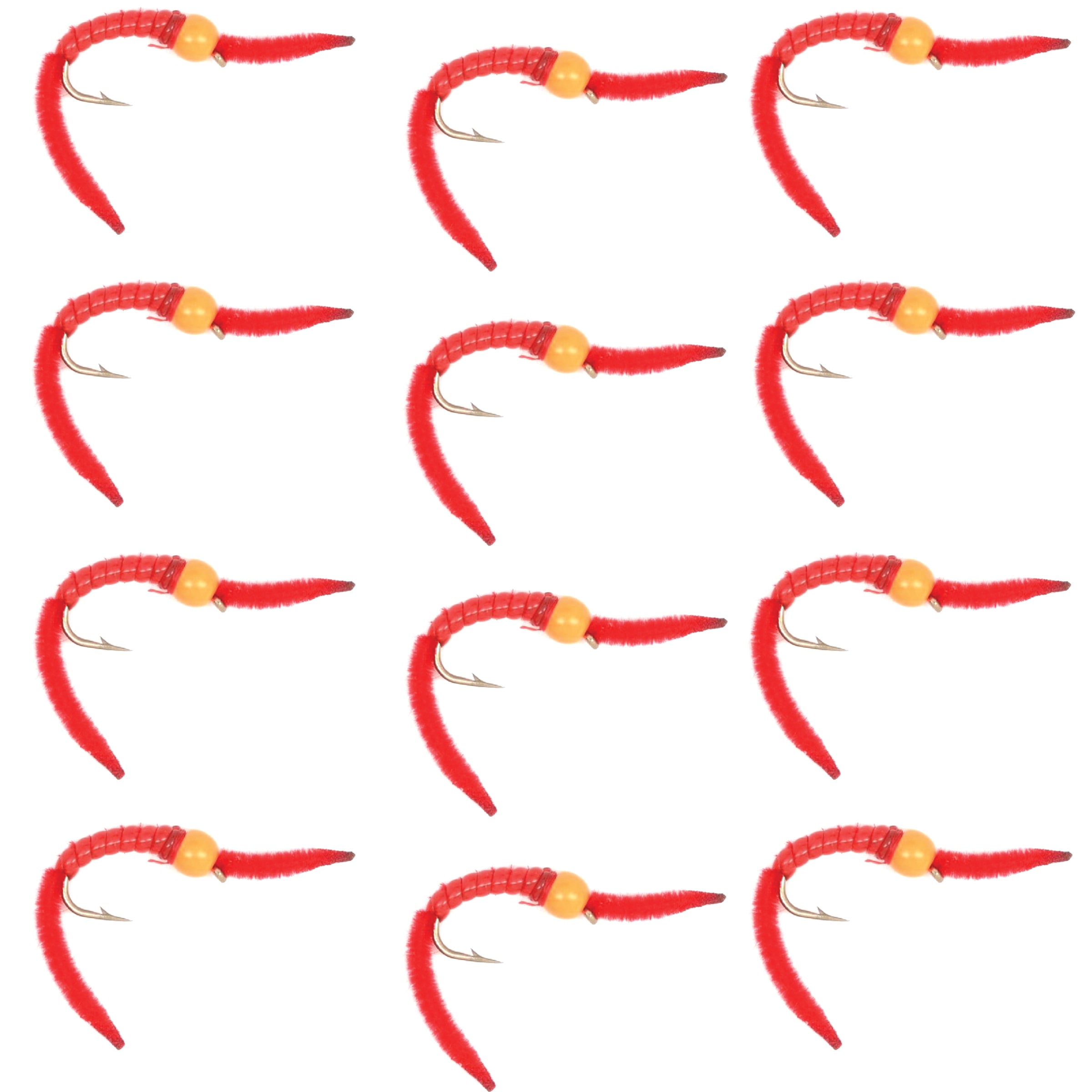 San Juan Worm Orange Bead Head Power Worm Red V-Rib - 1 Dozen Nymph Flies Hook Size 10