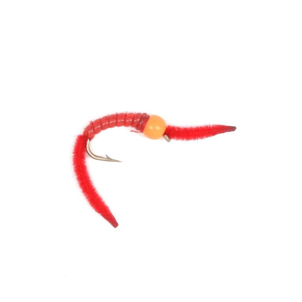San Juan Worm Orange Bead Head Power Worm Red V-Rib - 1 Dozen Nymph Flies Hook Size 14