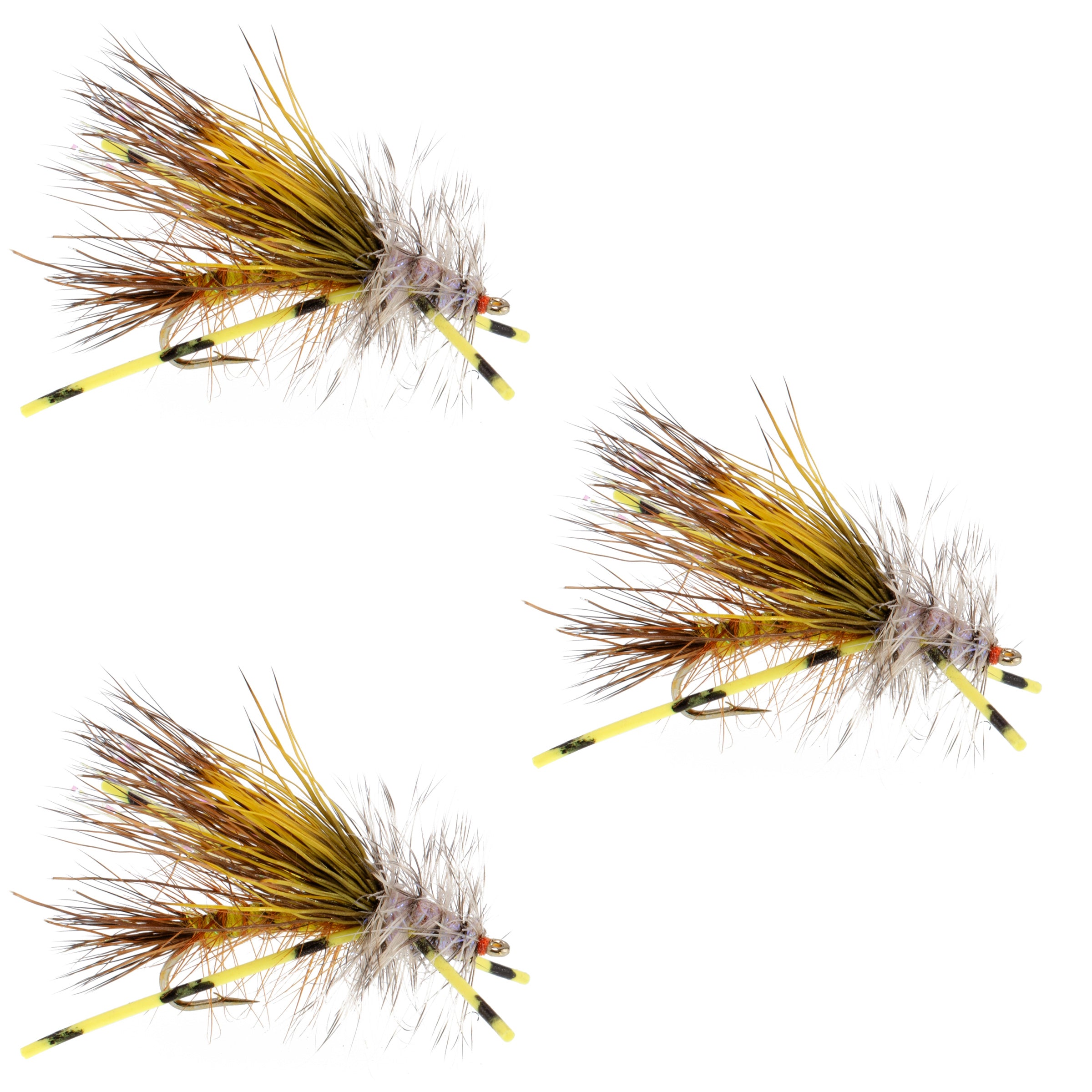 3 Pack Kaufmann's Yellow Crystal Stimulator Rubber Legs Dry Fly - Hook Size 12