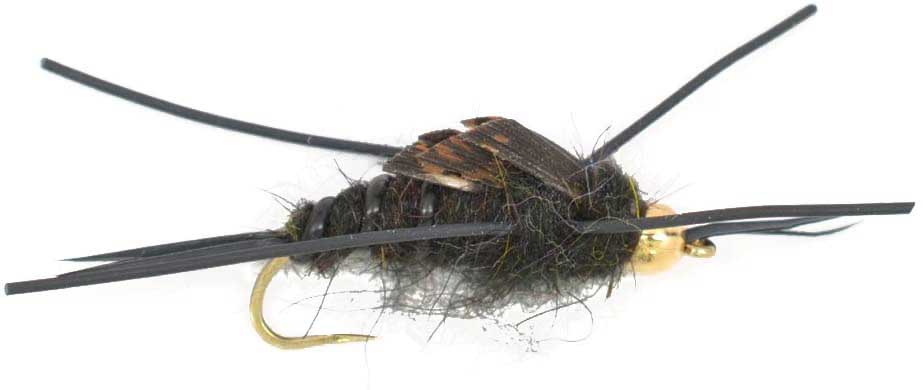Paquete de 3 moscas de piedra negra de Kaufmann con cuentas doradas sin púas con patas de goma, mosca húmeda Stonefly, tamaño de gancho 12