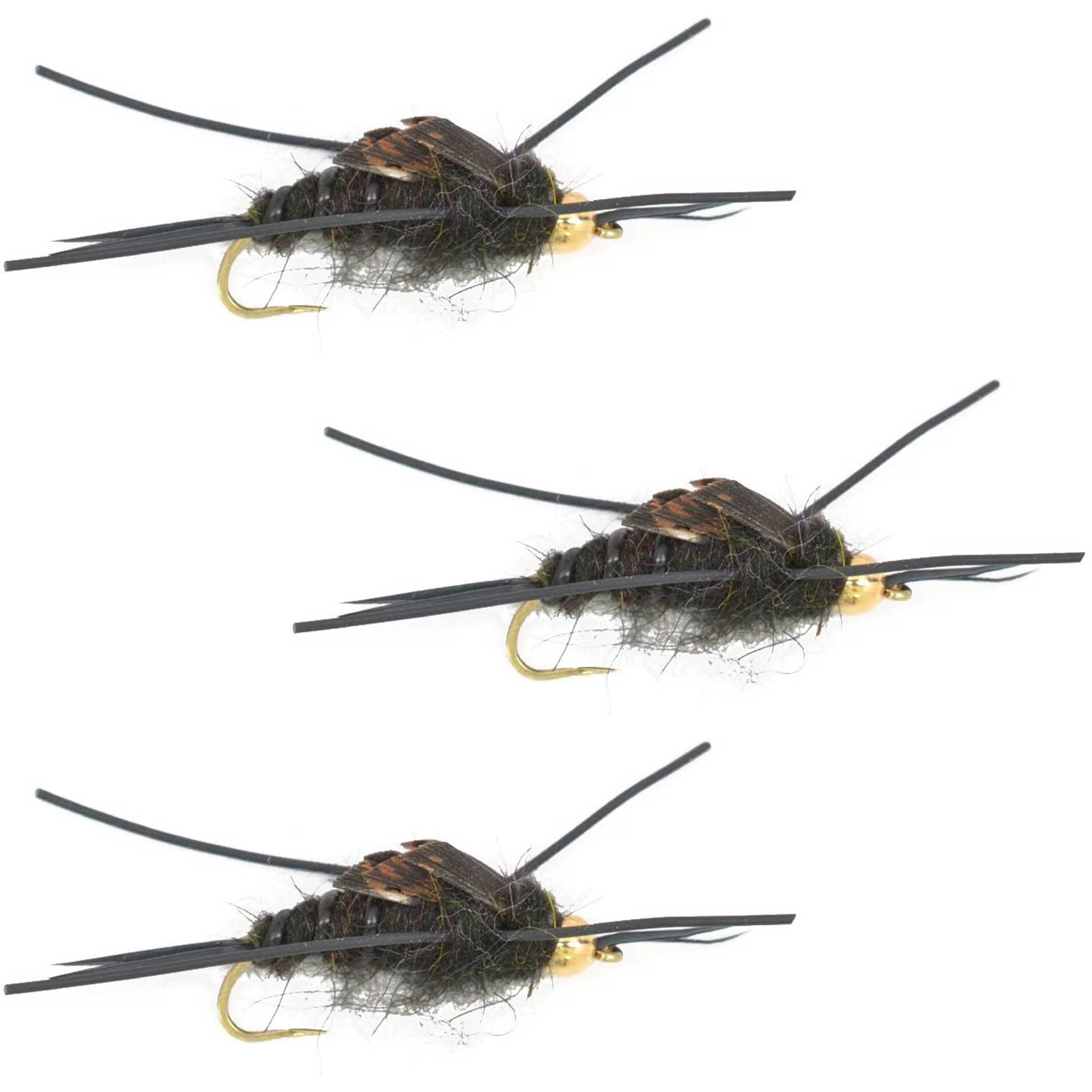 Paquete de 3 moscas de piedra negra de Kaufmann con cuentas doradas sin púas con patas de goma, mosca húmeda Stonefly, tamaño de gancho 12