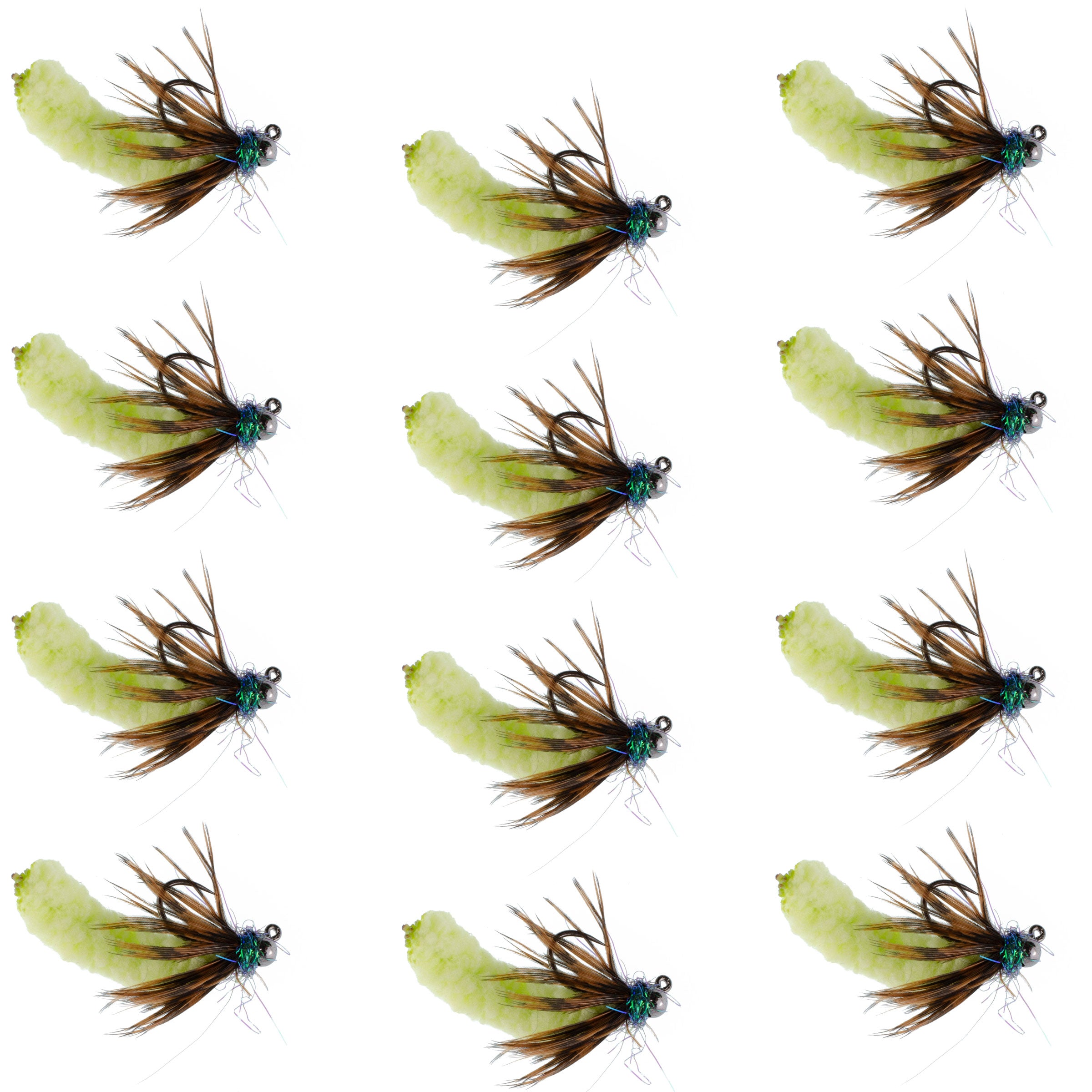 Mosca táctica con cuentas de tungsteno Chartreuse, mosca checa Euro Nymph sin púas, 1 docena de moscas, tamaño 14