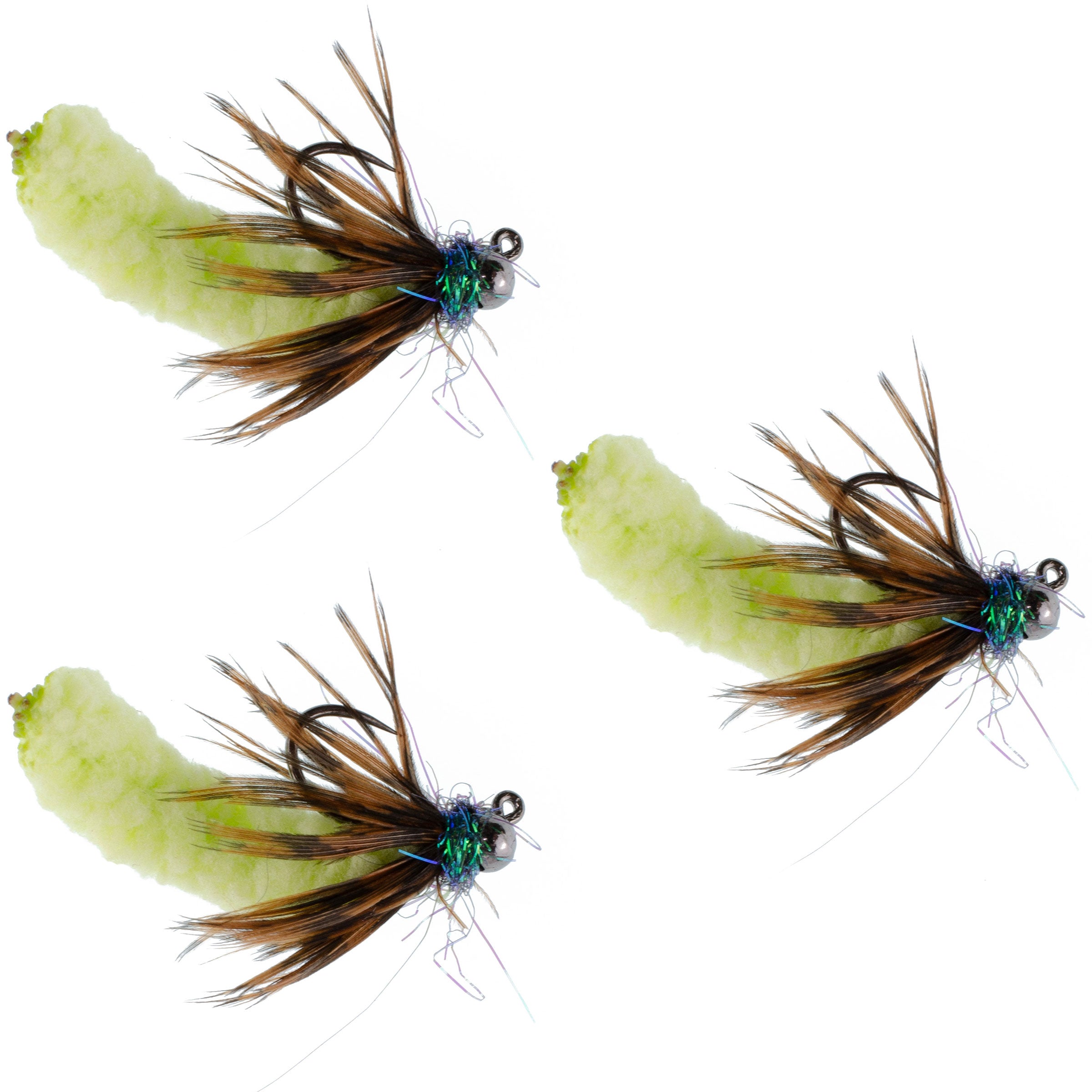 3 Pack Tungsten Bead Chartreuse Mop Fly Tactical Jig Czech Euro Nymph Barbless Fly - Size 14
