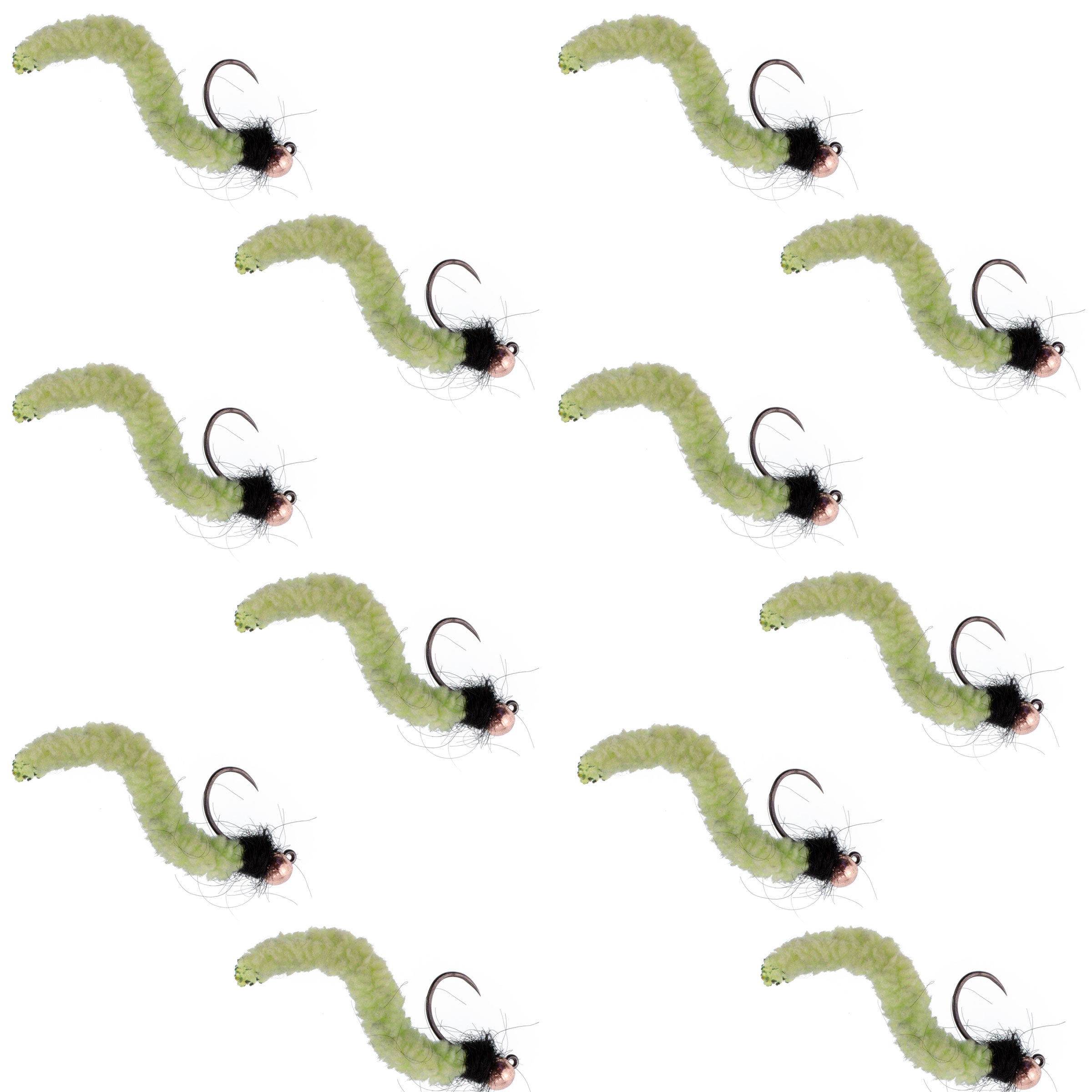 Cuentas de tungsteno Chartreuse Wormy Mop Fly plantilla táctica checa Euro Nymph Barbless Fly - 1 docena de moscas tamaño 14