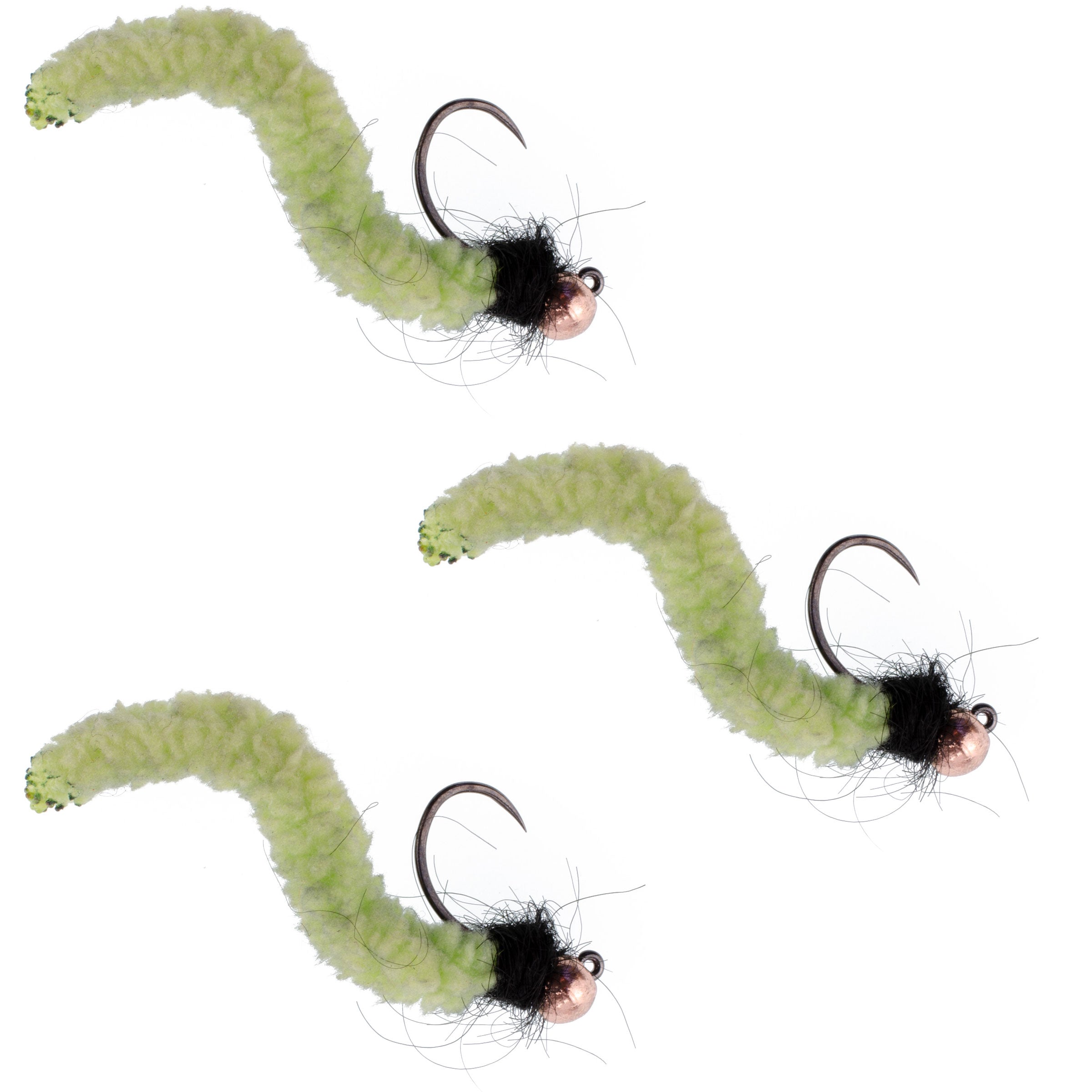 3 Pack Tungsten Bead Chartreuse Wormy Mop Fly Tactical Jig Czech Euro Nymph Barbless Fly -  Size 14