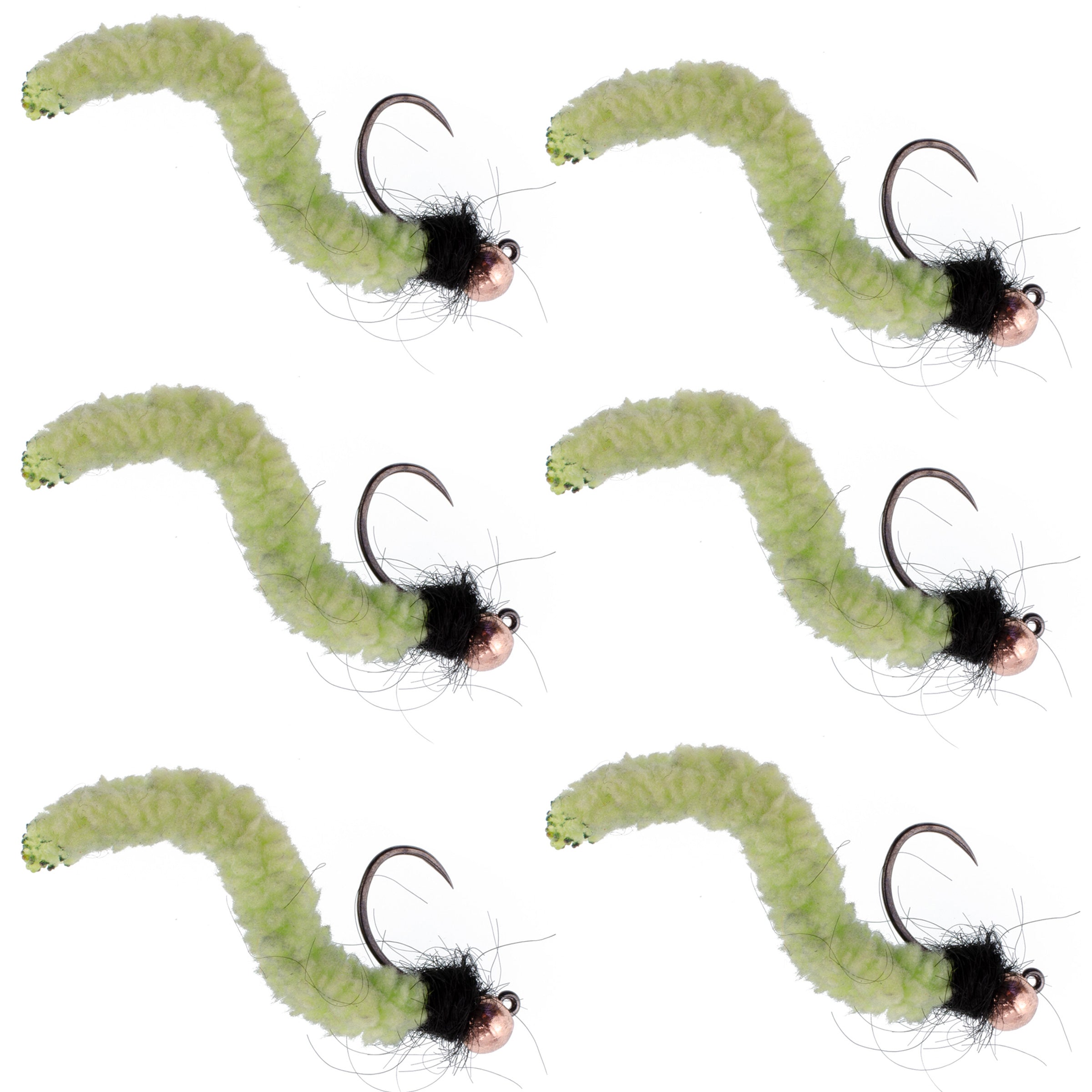 Tungsten Bead Chartreuse Wormy Mop Fly Tactical Jig Czech Euro Nymph Barbless Fly - 6 Flies Size 12