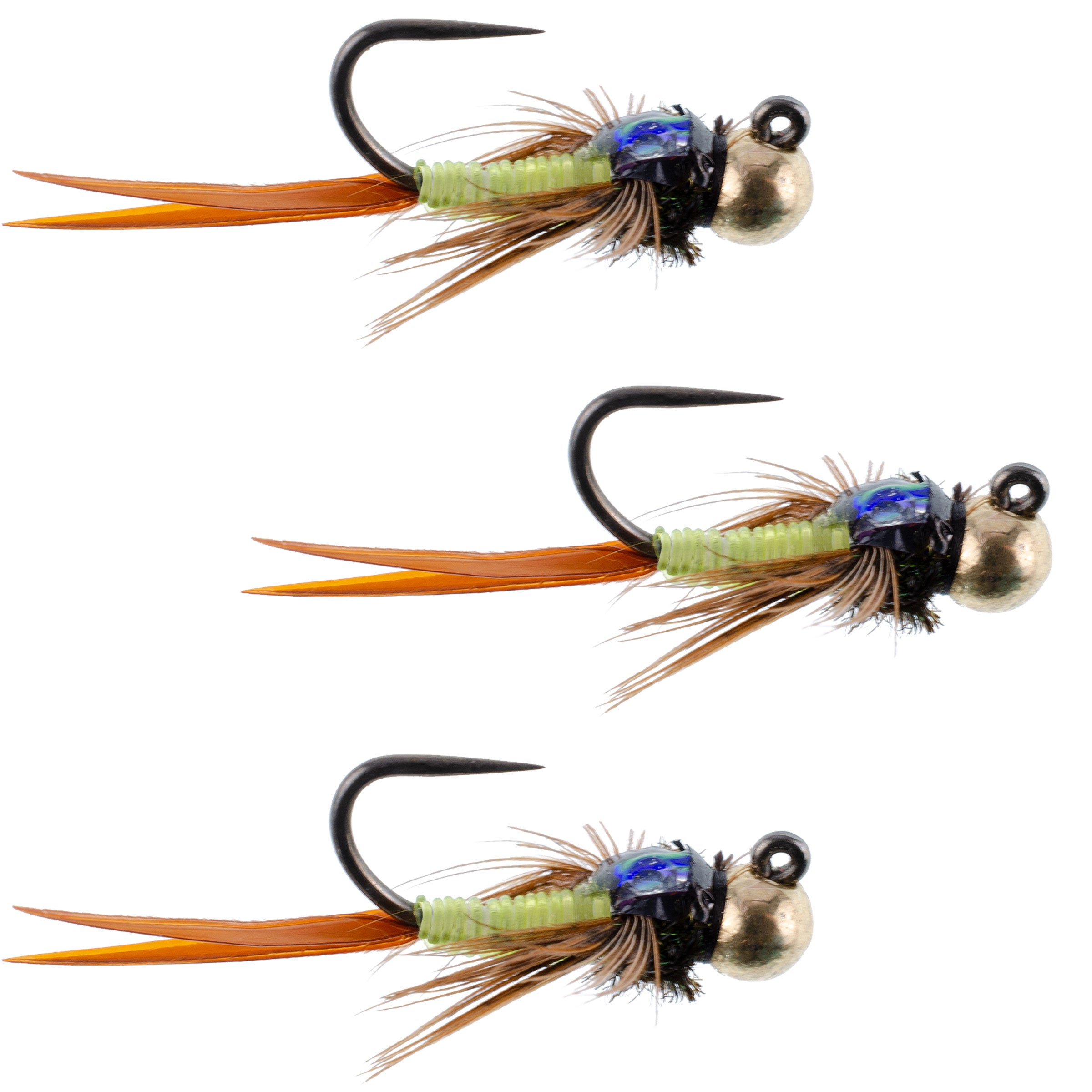 3 Pack Tungsten Bead Tactical Jig Copper John Chartreuse Czech Nymph Euro Nymphing Fly - Size 12