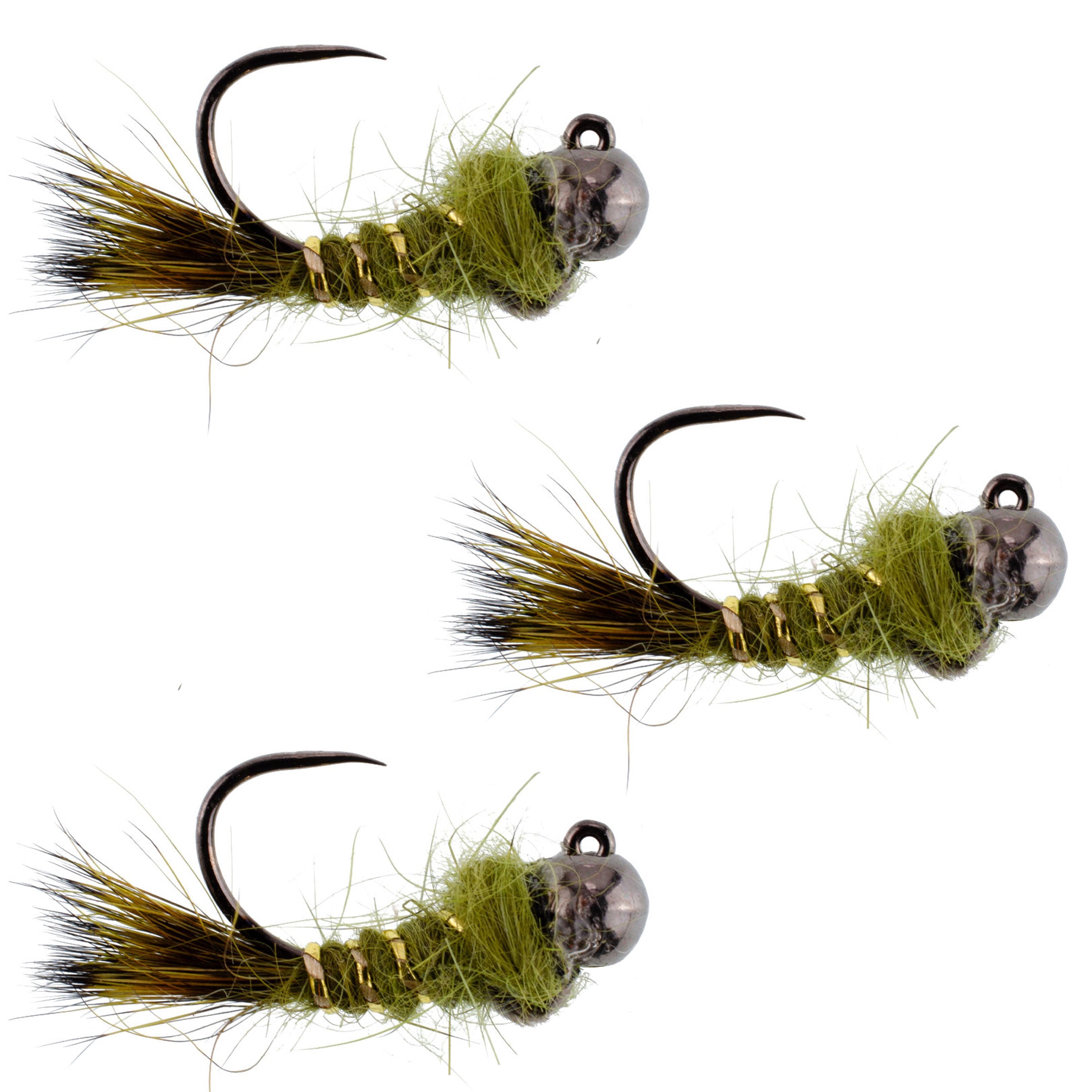 3 Pack Black Tungsten Bead Tactical Olive Hares Ear Czech Nymph Euro Nymphing Fly - Hook Size 16