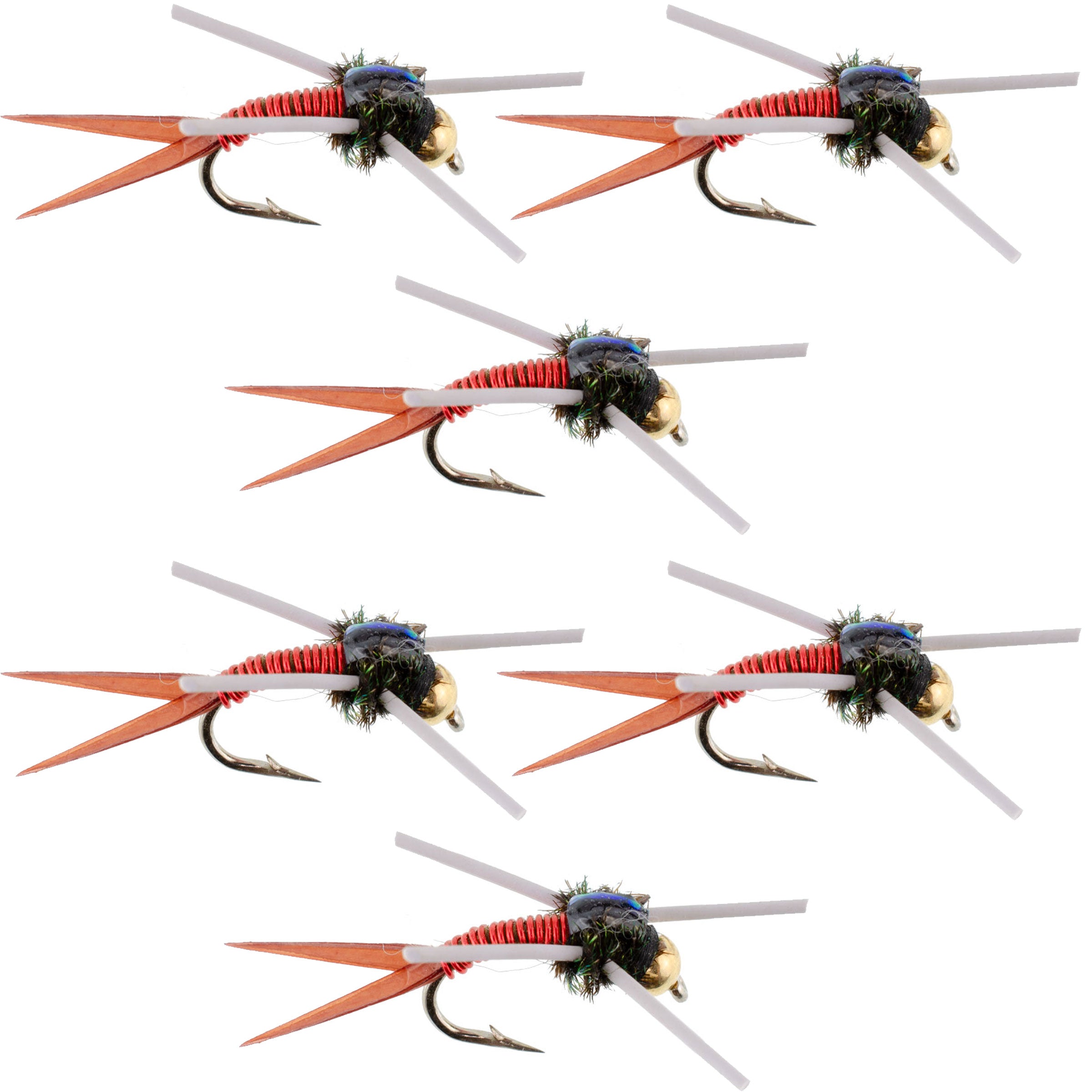 Tungsten Bead Head Rubber Legs Red Copper John Nymph Fly Fishing Flies - Set of 6 Flies Hook Size 12