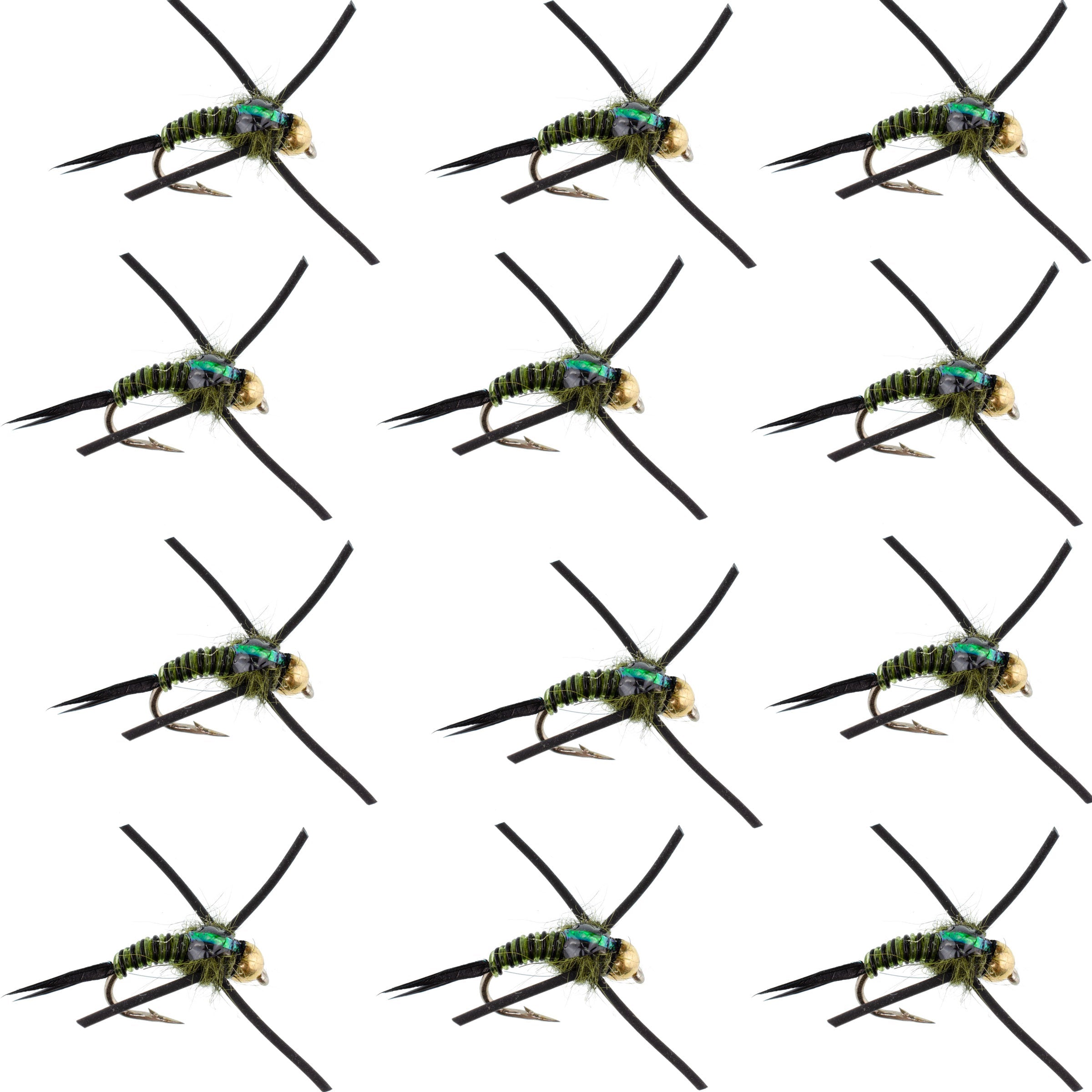Cabeza de cuentas de tungsteno patas de goma negro oliva cebra cobre John Nymph moscas de pesca con mosca-1 docena de moscas gancho tamaño 14