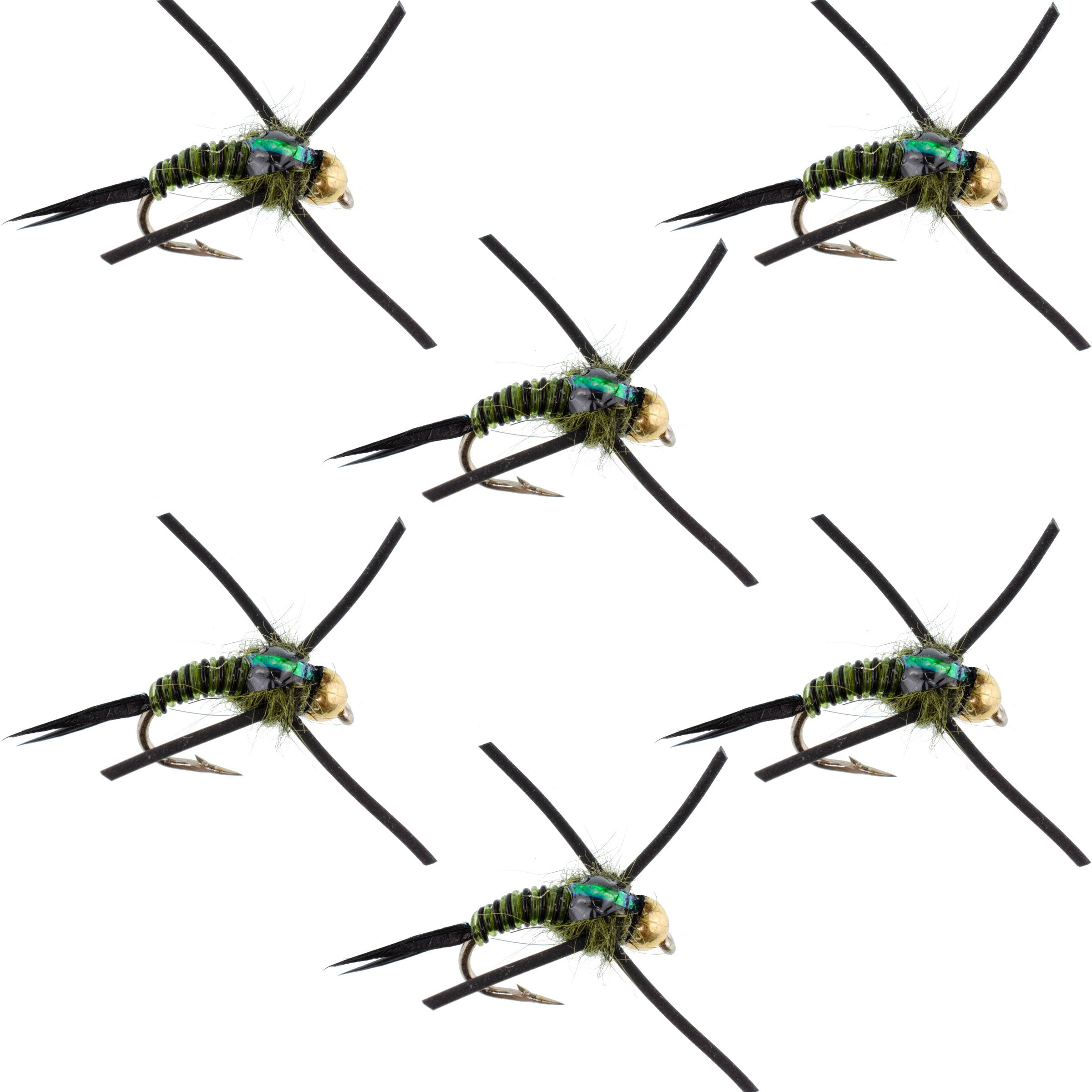 Tungsten Bead Head Rubber Legs Black Olive Zebra Copper John Nymph Fly Fishing Flies - Set of 6 Flies Hook Size 16