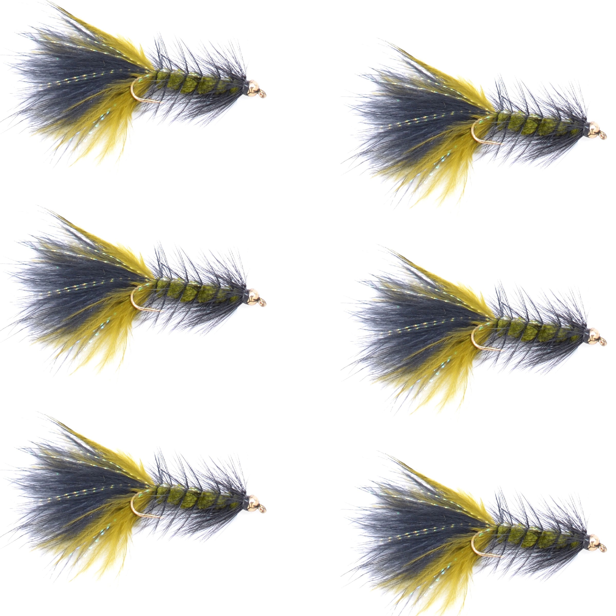 Moscas Streamer clásicas con cabeza de cuentas de cristal, color negro oliva, juego de 6 moscas para pesca con mosca de trucha, tamaño de anzuelo 4