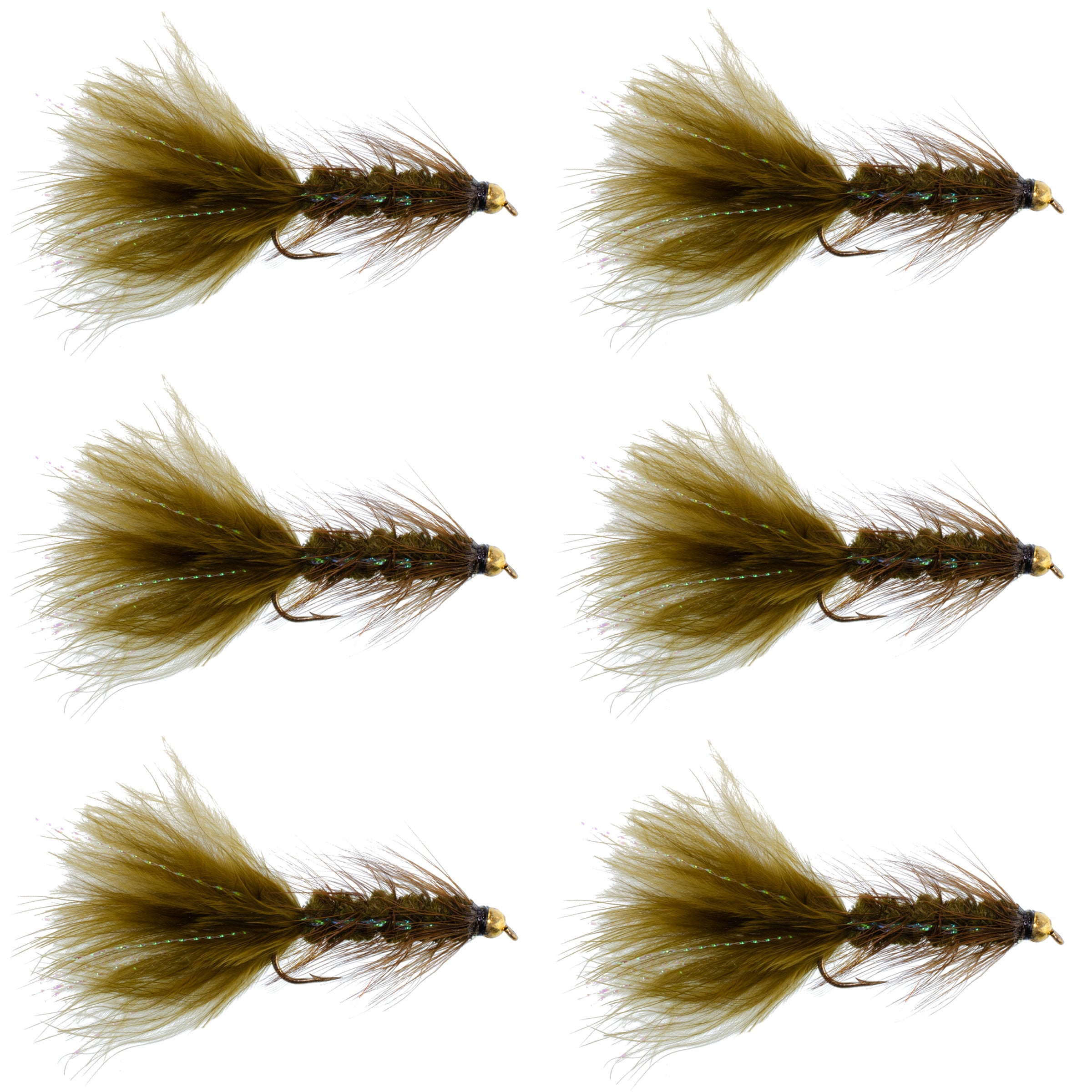 Dark Olive Bead Head Crystal Woolly Bugger Classic Streamer Flies - Set of 6 Trout Fly Fishing Flies - Hook Size 8