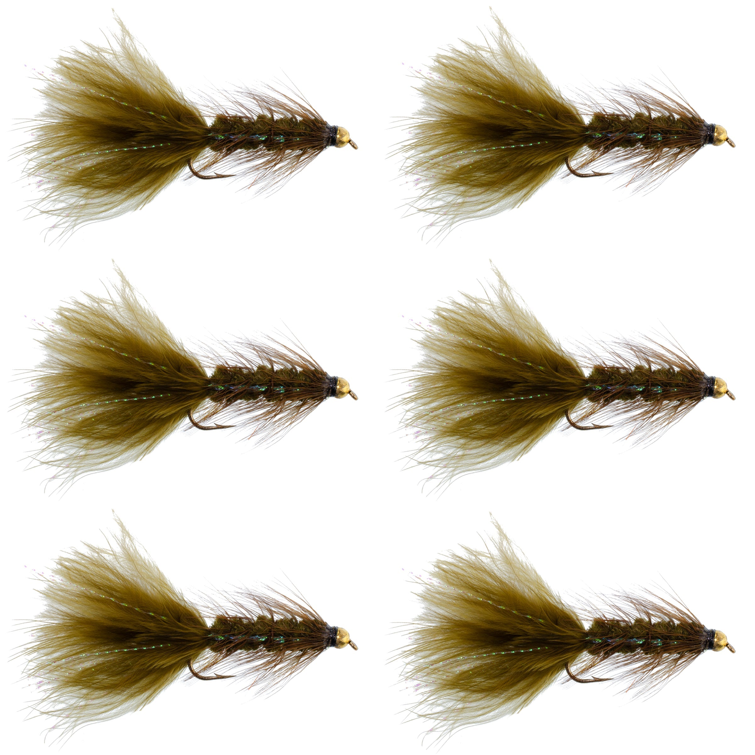 Dark Olive Bead Head Crystal Woolly Bugger Classic Streamer Flies - Set of 6 Trout Fly Fishing Flies - Hook Size 4