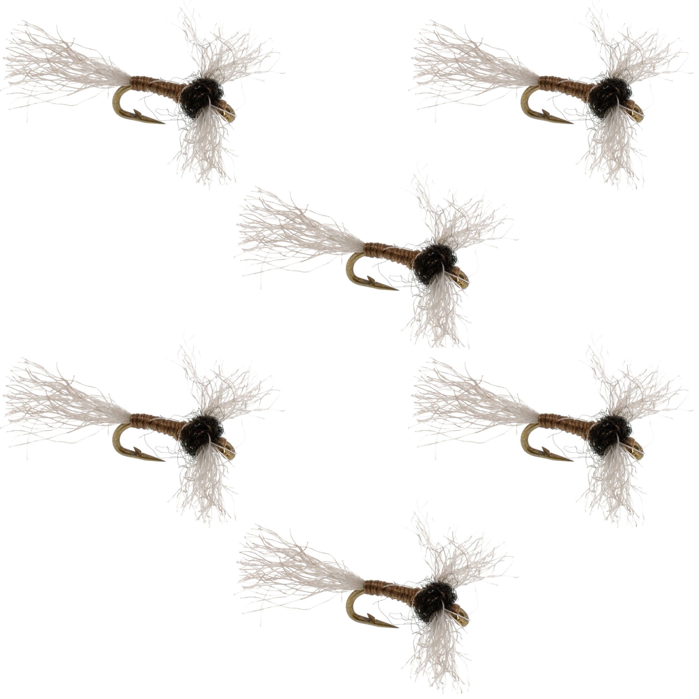 Multiple fishing flies with hooks on a white background