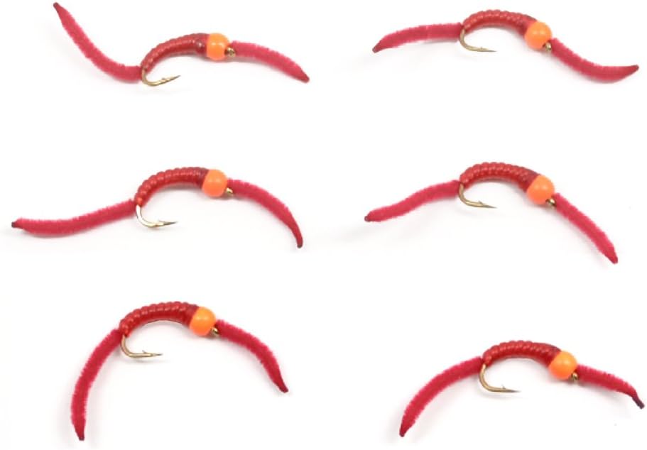 San Juan Worm Hot Orange Bead Power Worm  Red V-Rib - Set of 6 Nymph Flies Hook Size 14