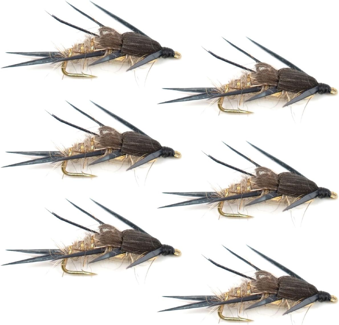 Moscas de pesca con mosca de ninfa con oreja de liebre acanalada dorada de doble cuenta, mosca húmeda para trucha y lubina, 6 moscas, tamaño de anzuelo 12