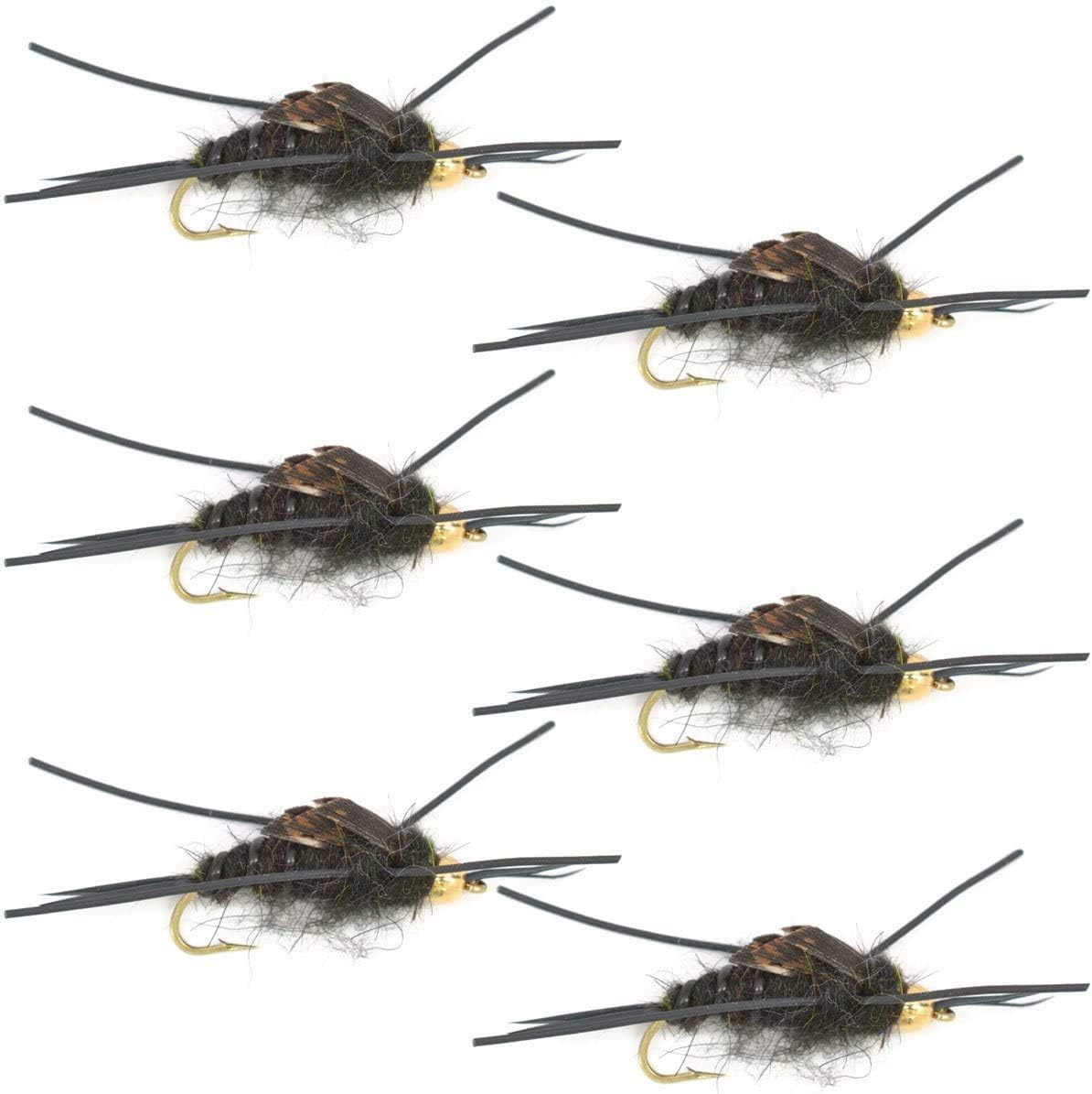 Mosca de piedra negra de Kaufmann con cuentas doradas y patas de goma, mosca húmeda Stonefly, anzuelo para 6 moscas, tamaño 8