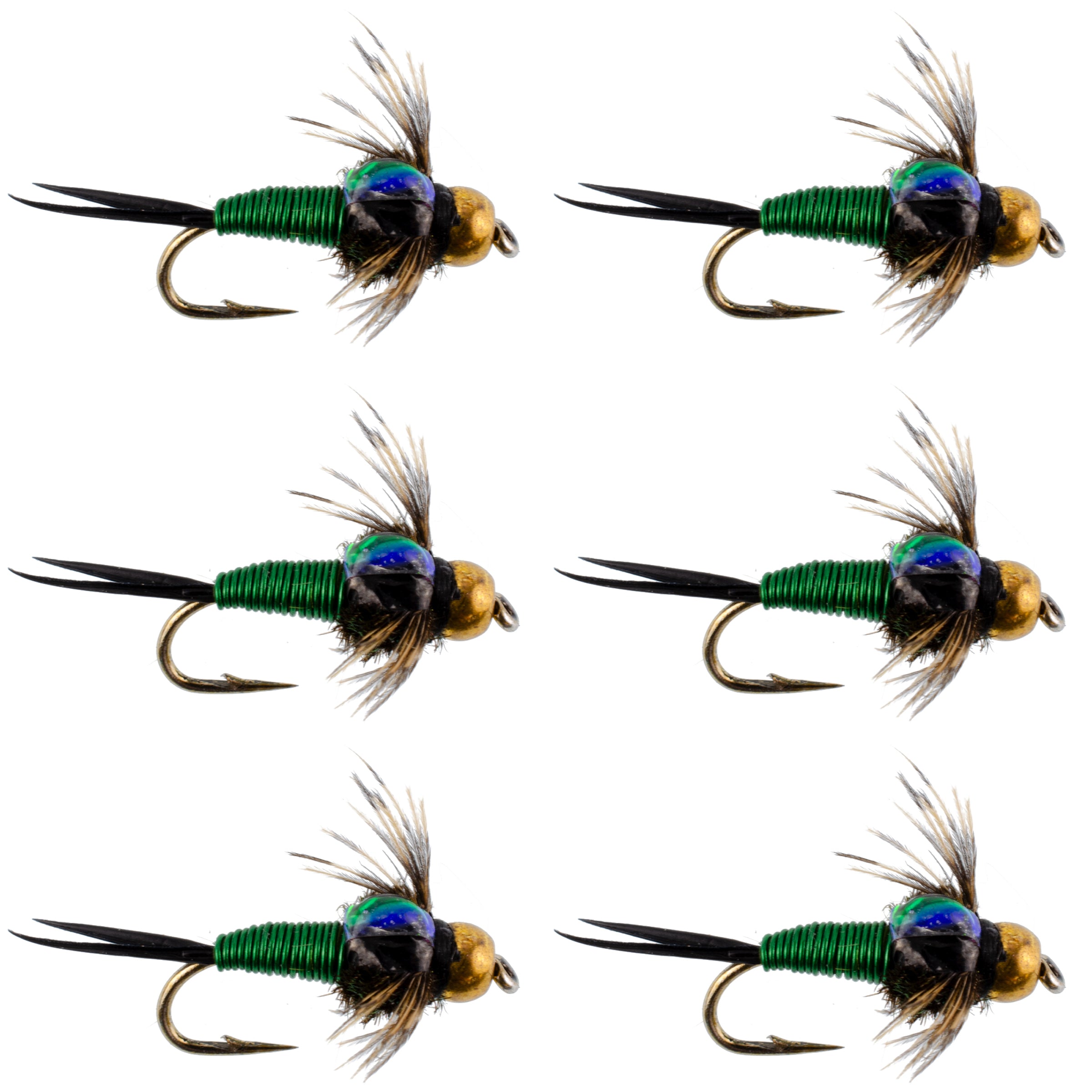 Bead Head Green Copper John Nymph Fly Fishing Flies - Set of 6 Flies Hook Size 14
