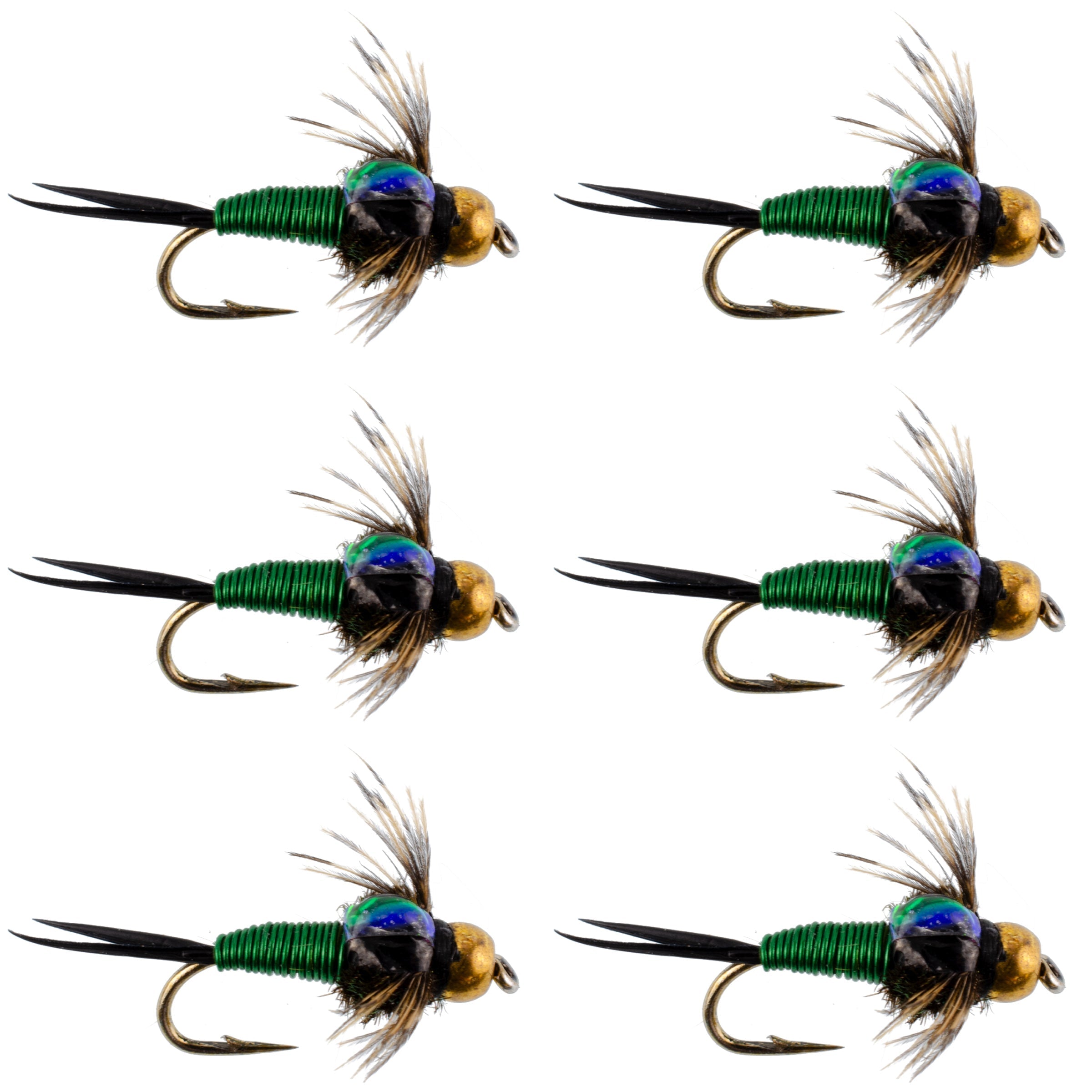 Bead Head Green Copper John Nymph Fly Fishing Flies - Set of 6 Flies Hook Size 18