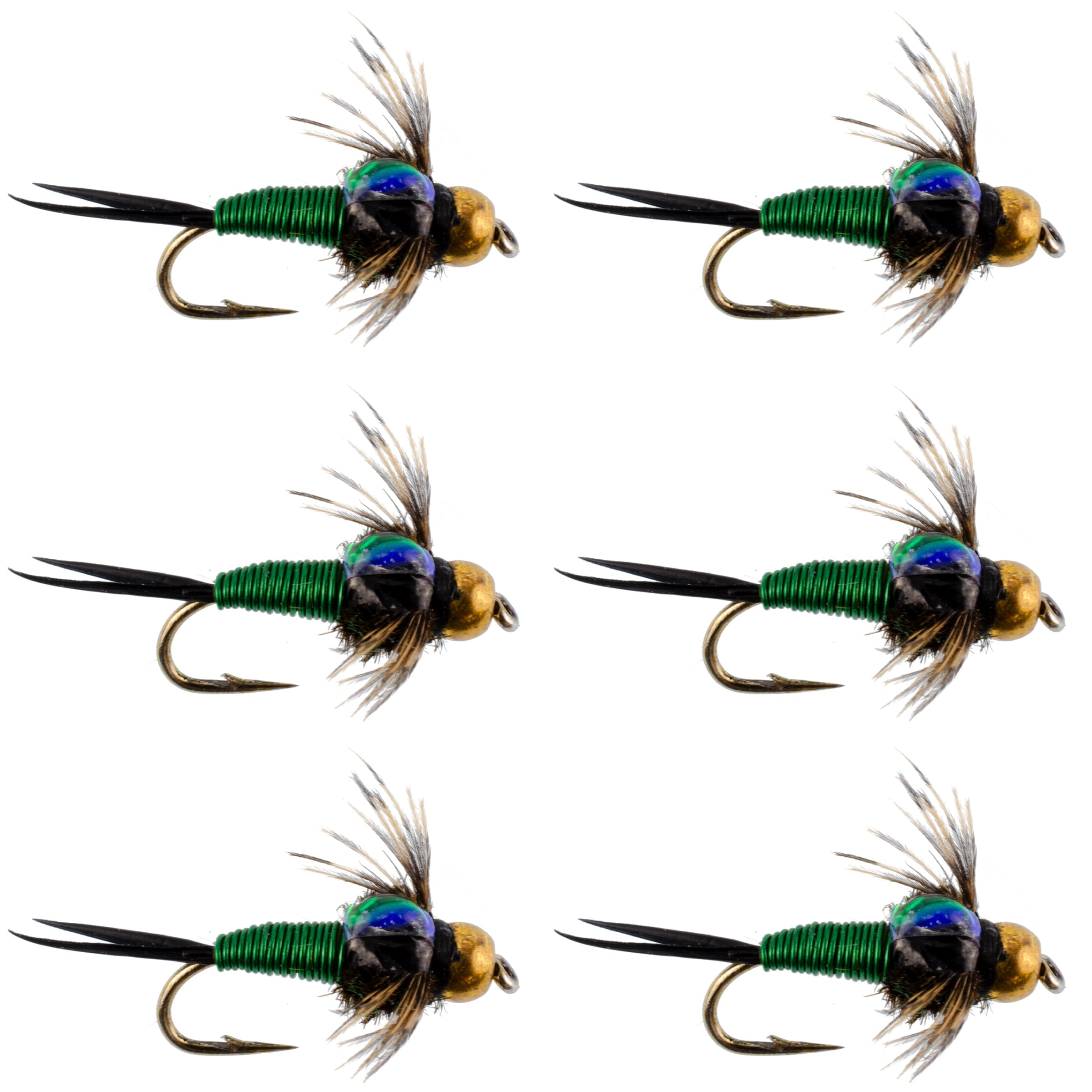 Bead Head Green Copper John Nymph Fly Fishing Flies - Set of 6 Flies Hook Size 16