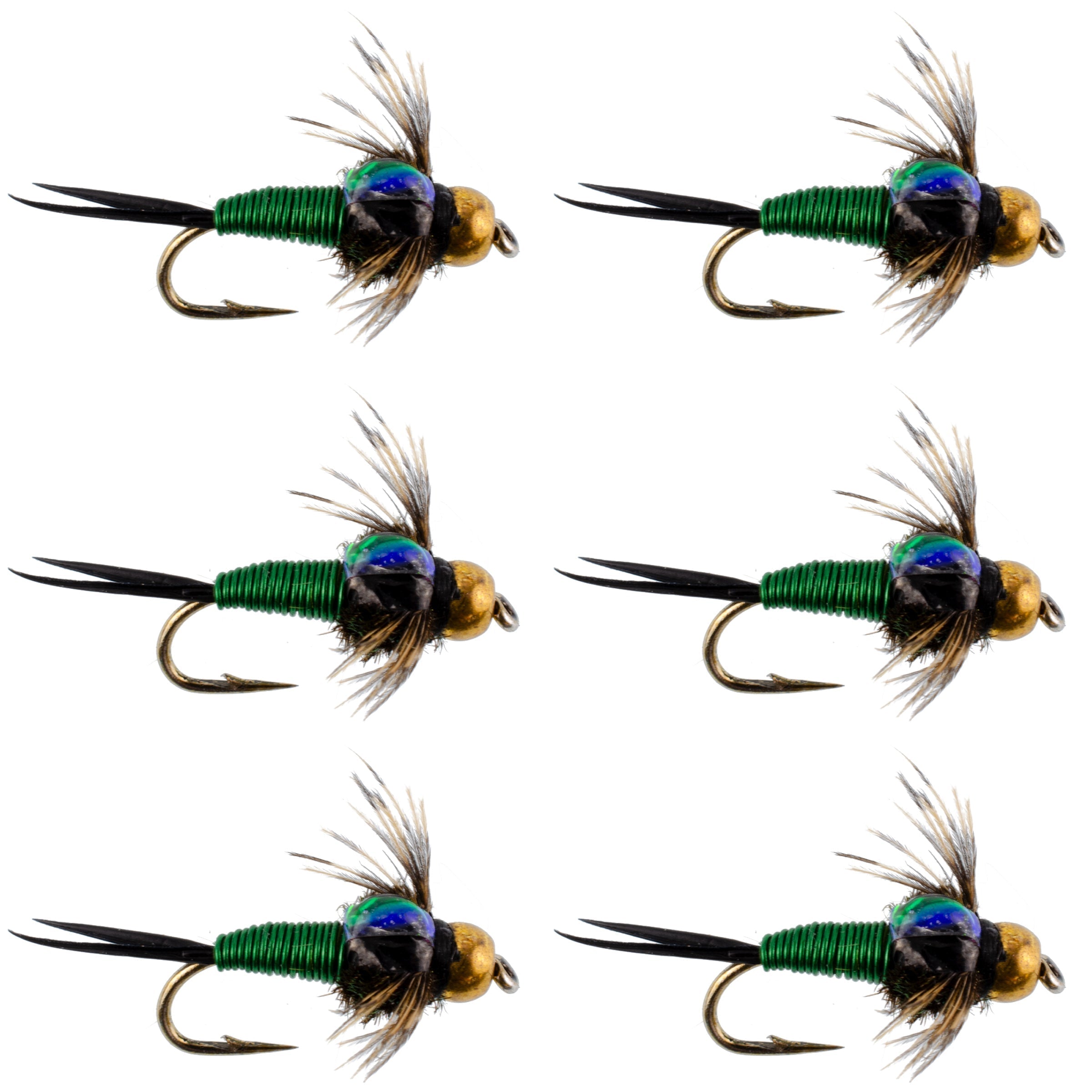 Bead Head Green Copper John Nymph Fly Fishing Flies - Set of 6 Flies Hook Size 12