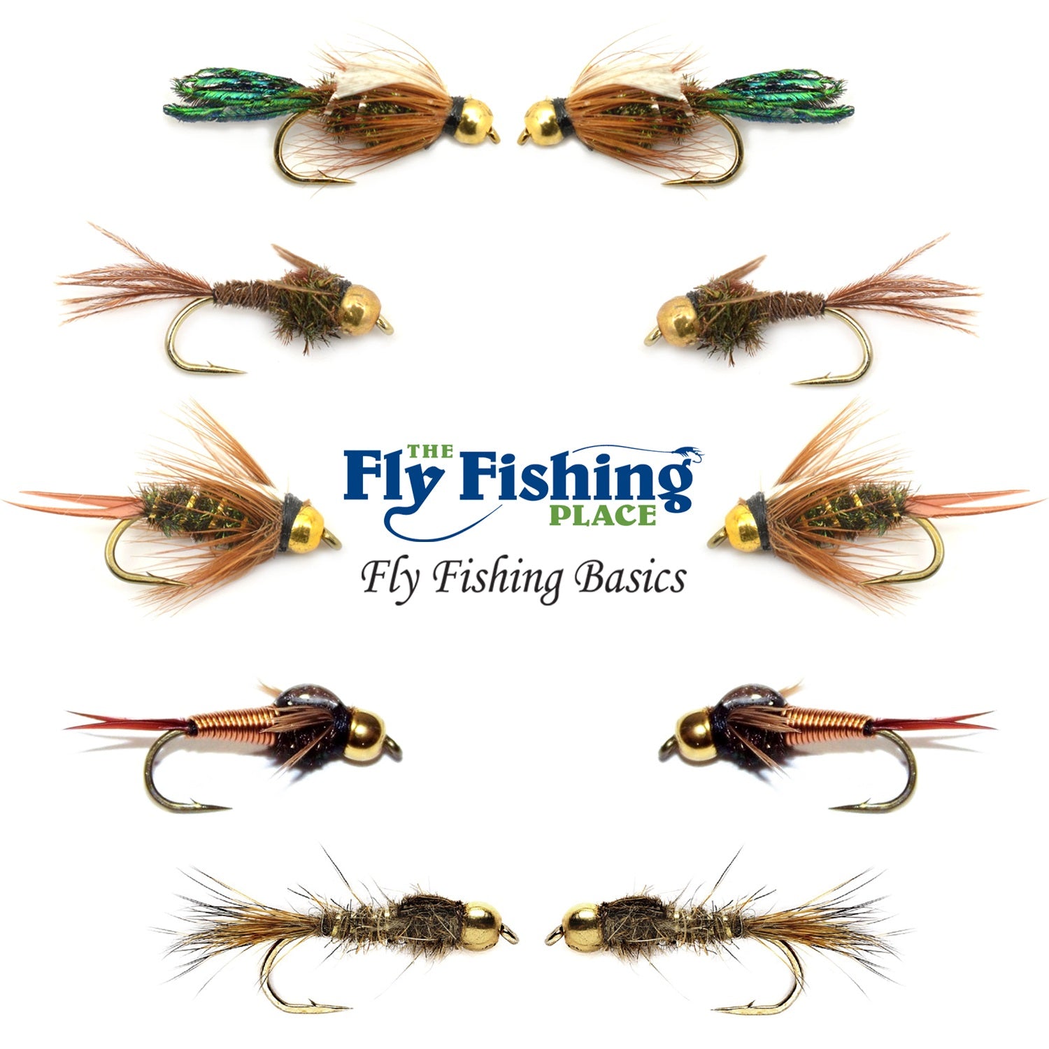 The Fly Fishing Place Basics Collection - Surtido de ninfas con cabeza de cuentas - 10 moscas húmedas - 5 patrones - Tamaños de anzuelo 12, 14, 16