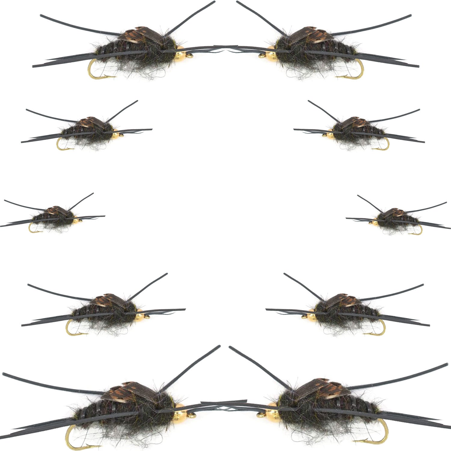 Basics Collection - Kaufmann's Tungsten Bead Black Stonefly Nymph Assortment 10 Bead Head Rubber Legs Wet Flies - 2 Each Hook Sizes 4, 6, 8, 10, and 12