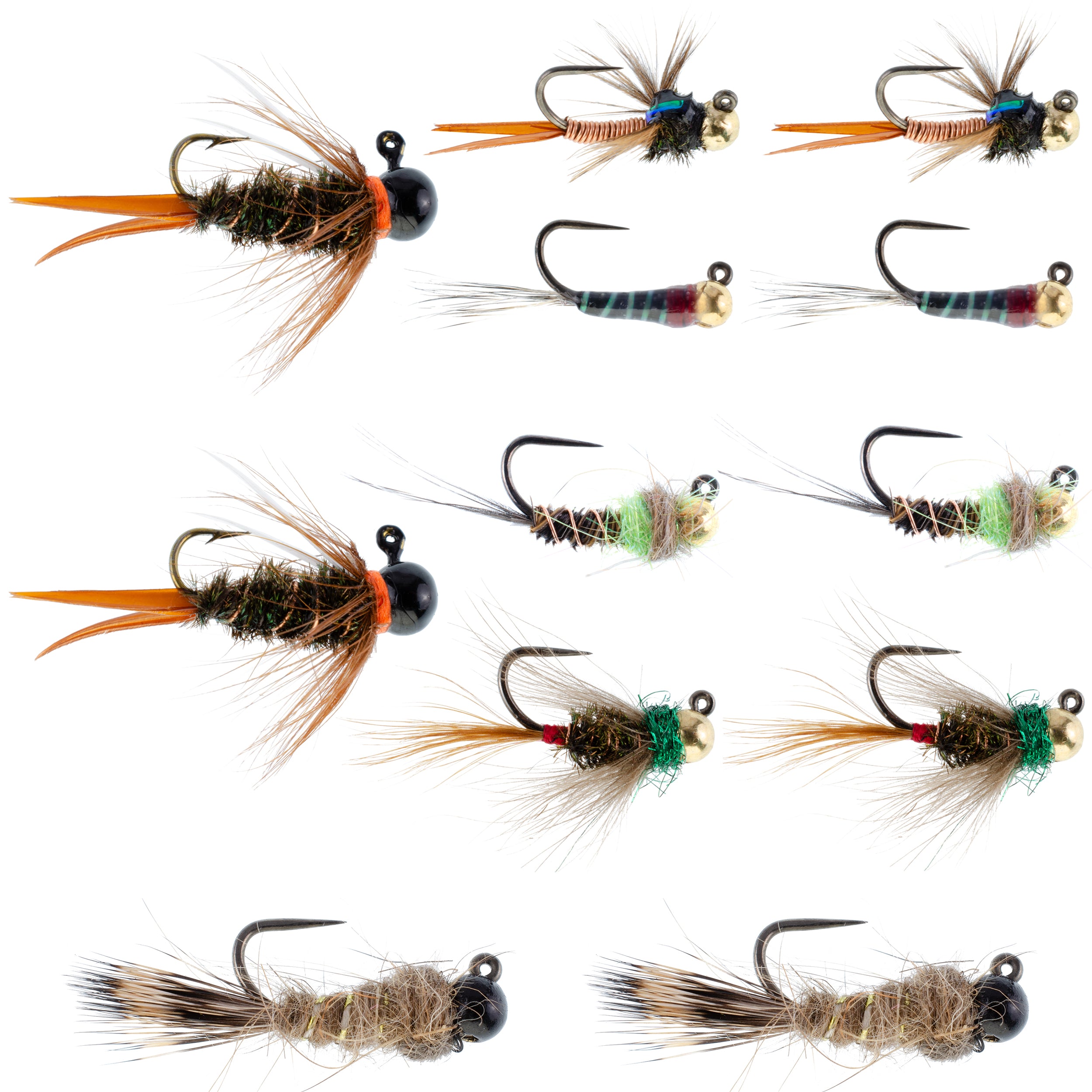 Colección táctica de moscas para pesca con mosca de ninfa checa, una docena de cuentas de tungsteno, surtido de moscas para ninfa europea, 2 de cada uno de 6 patrones, tamaños de anzuelo 12, 14 y 16 