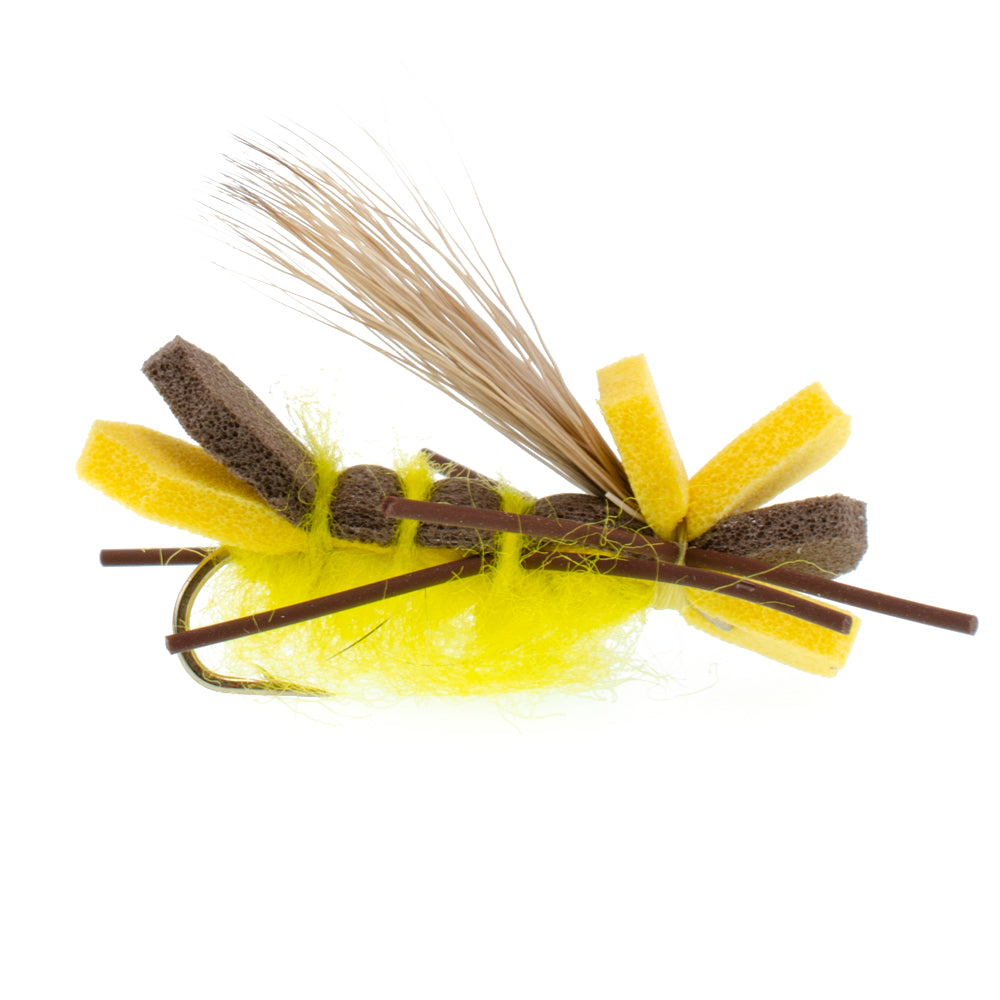 Moscas para trucha Godzilla Hopper, mosca seca amarilla de alta visibilidad para saltamontes o mosca de piedra, 6 moscas, tamaño de anzuelo 10