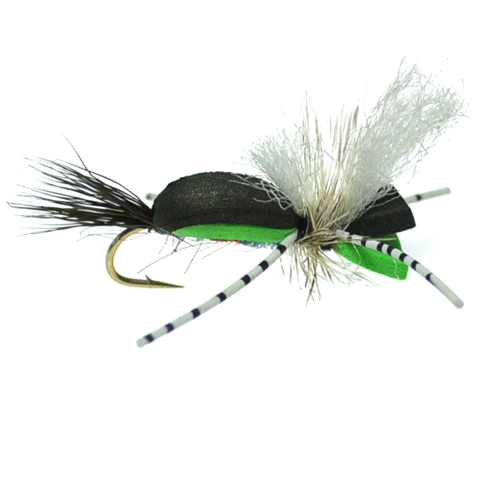 Hippie Stomper Black Green Foam Body Grasshopper Dry Fly - 4 Flies  Size 10